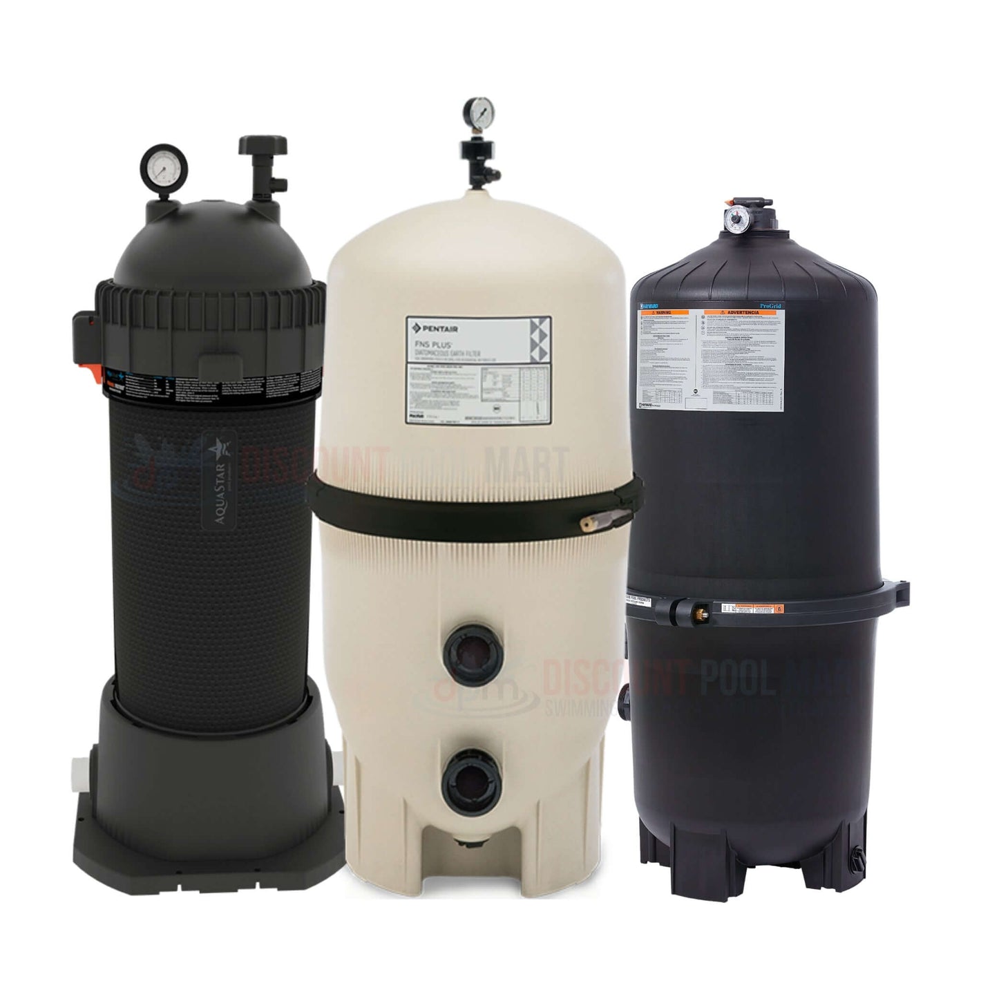 Three high-quality pool filters available at Discount Pool Mart DPM for efficient pool maintenance.