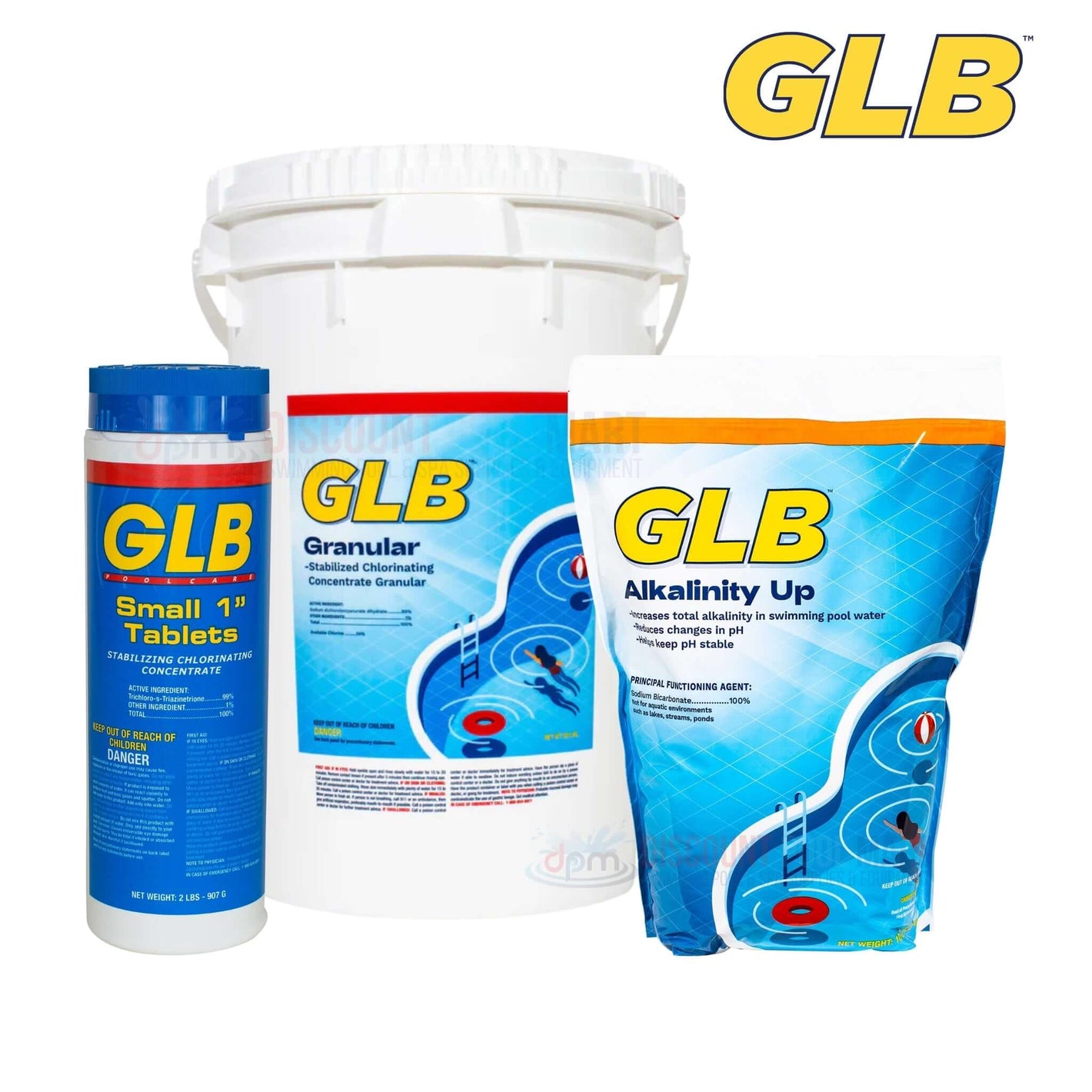 GLB pool care products including Small 1" Tablets, Granular, and Alkalinity Up from Discount Pool Mart DPM.