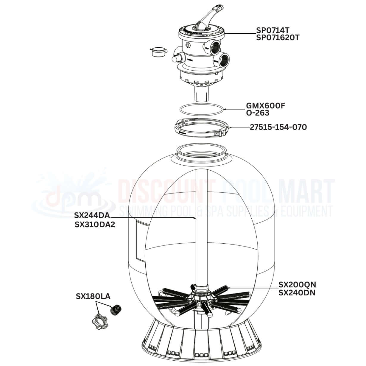 Hayward Pro Series Sand Filter Replacement Parts Diagram from Discount Pool Mart DPM, featuring detailed component labeling.