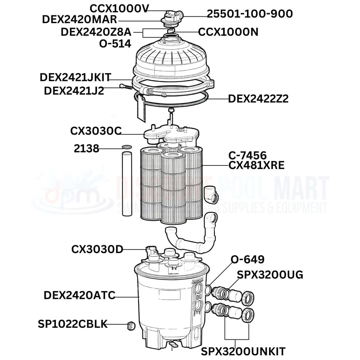 Hayward SwimClear C2030 Filter replacement parts diagram including DPM parts for optimal pool filtration.