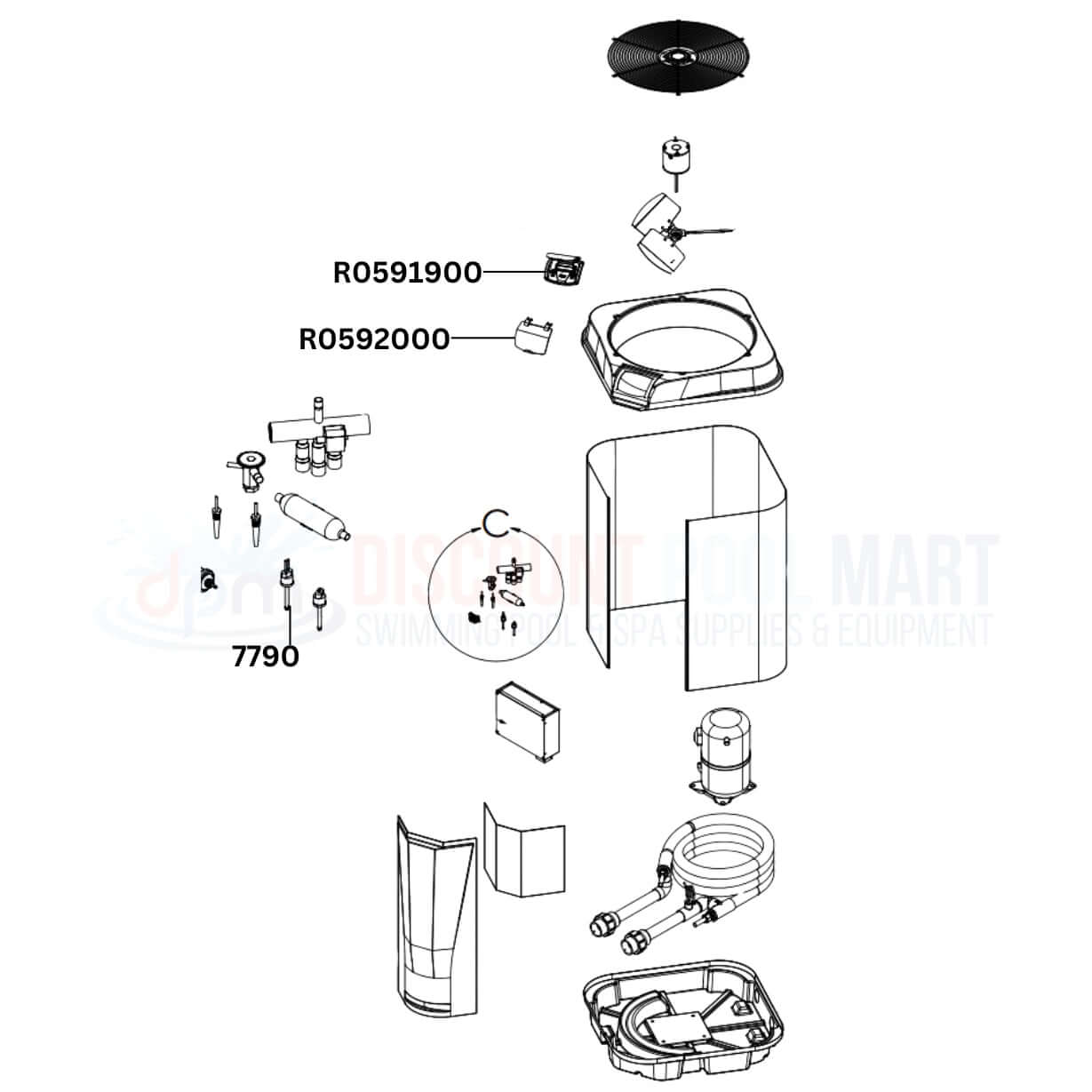 Jandy JRT3000R Heat Pump replacement parts diagram at Discount Pool Mart DPM, showing fan motors, sensors, and components.