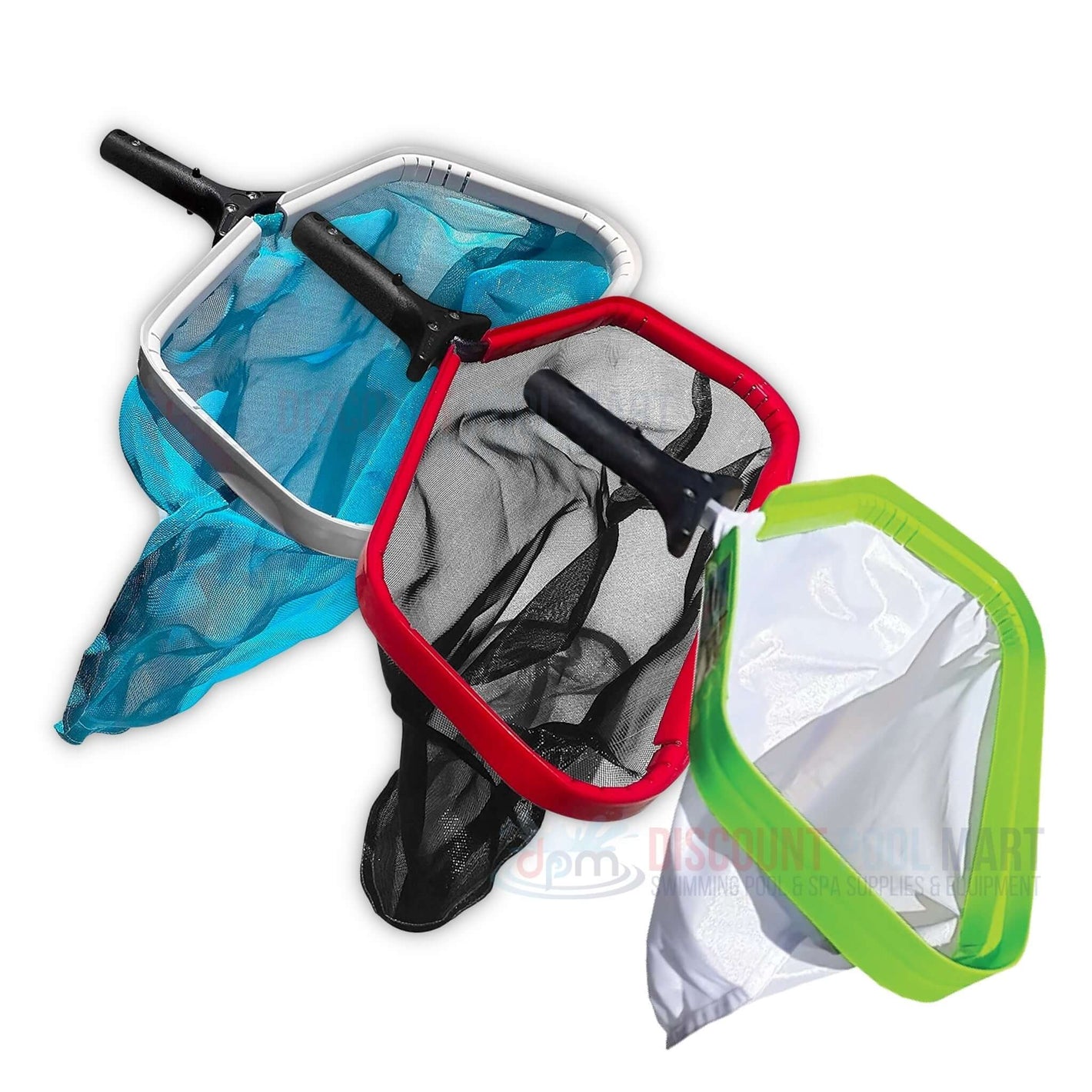 Leaf rakes in various colors from Discount Pool Mart DPM for pool maintenance and cleaning.