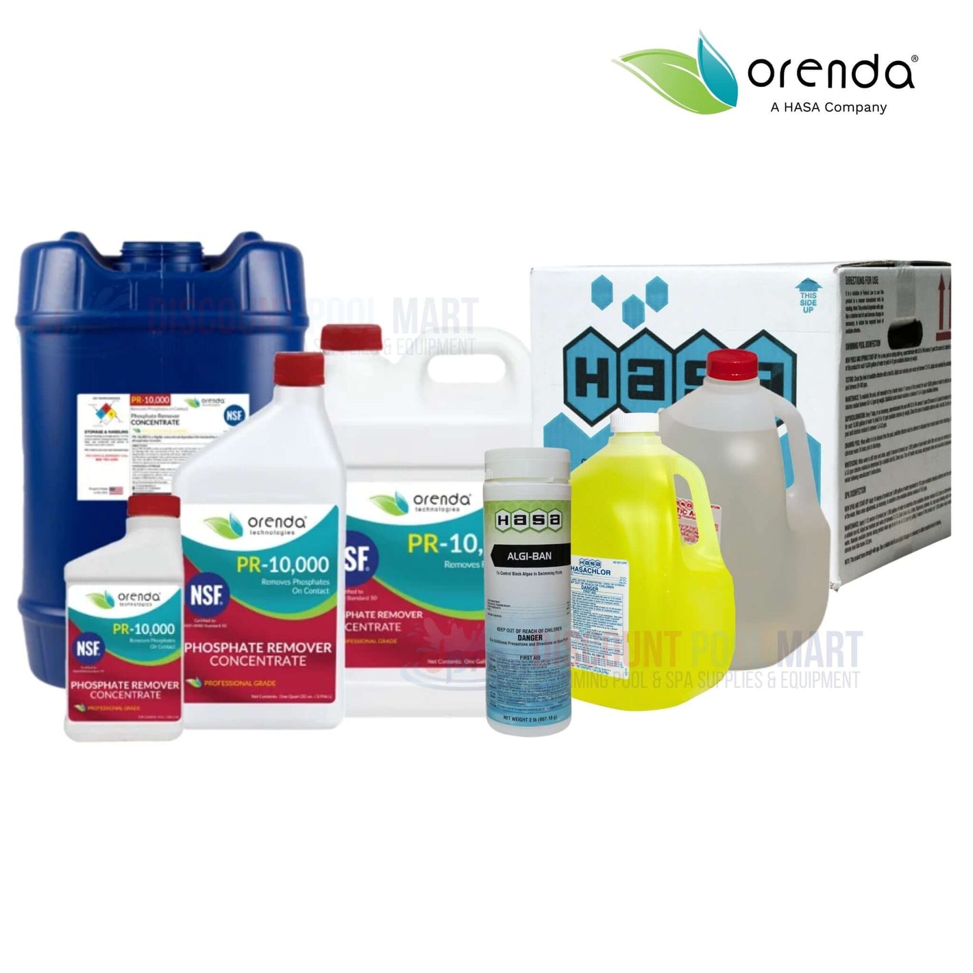 Orenda and Hasa Chemicals products displayed, available at Discount Pool Mart DPM for effective pool maintenance.