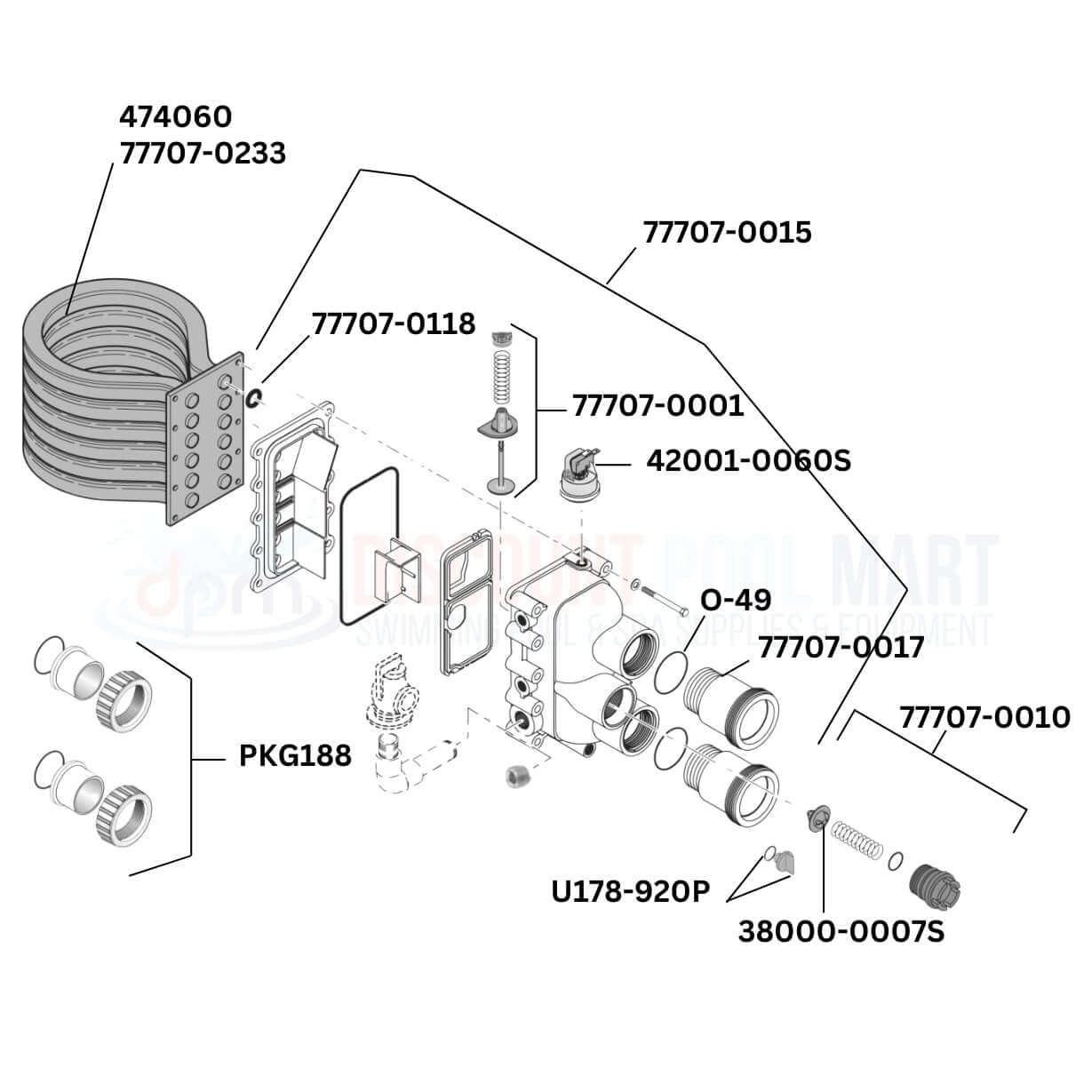 Pentair MasterTemp 460734 heater replacement parts diagram from Discount Pool Mart DPM, including key components and assemblies.