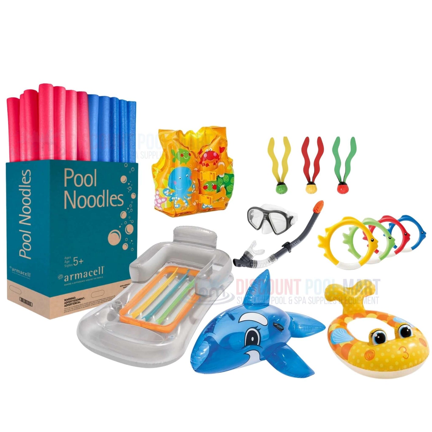 Colorful pool noodle collection with toys from Discount Pool Mart (DPM) for summer fun and water play.
