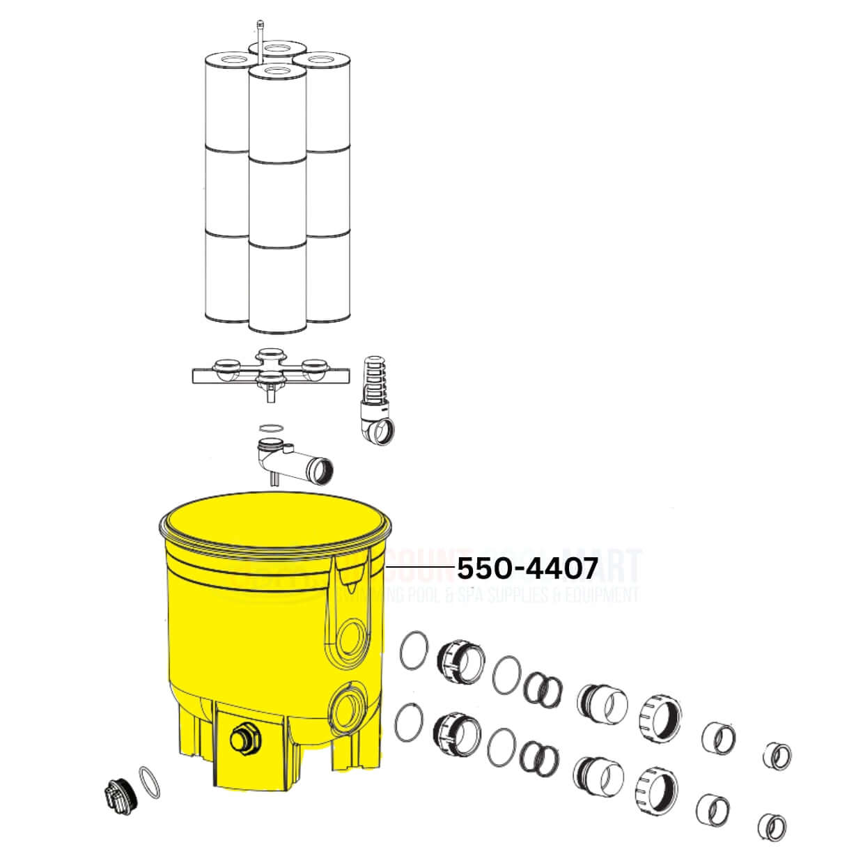 Waterway Tank Bottom 550-4407 in yellow with filter components, designed for Crystal Water Cartridge Filters from Discount Pool Mart.