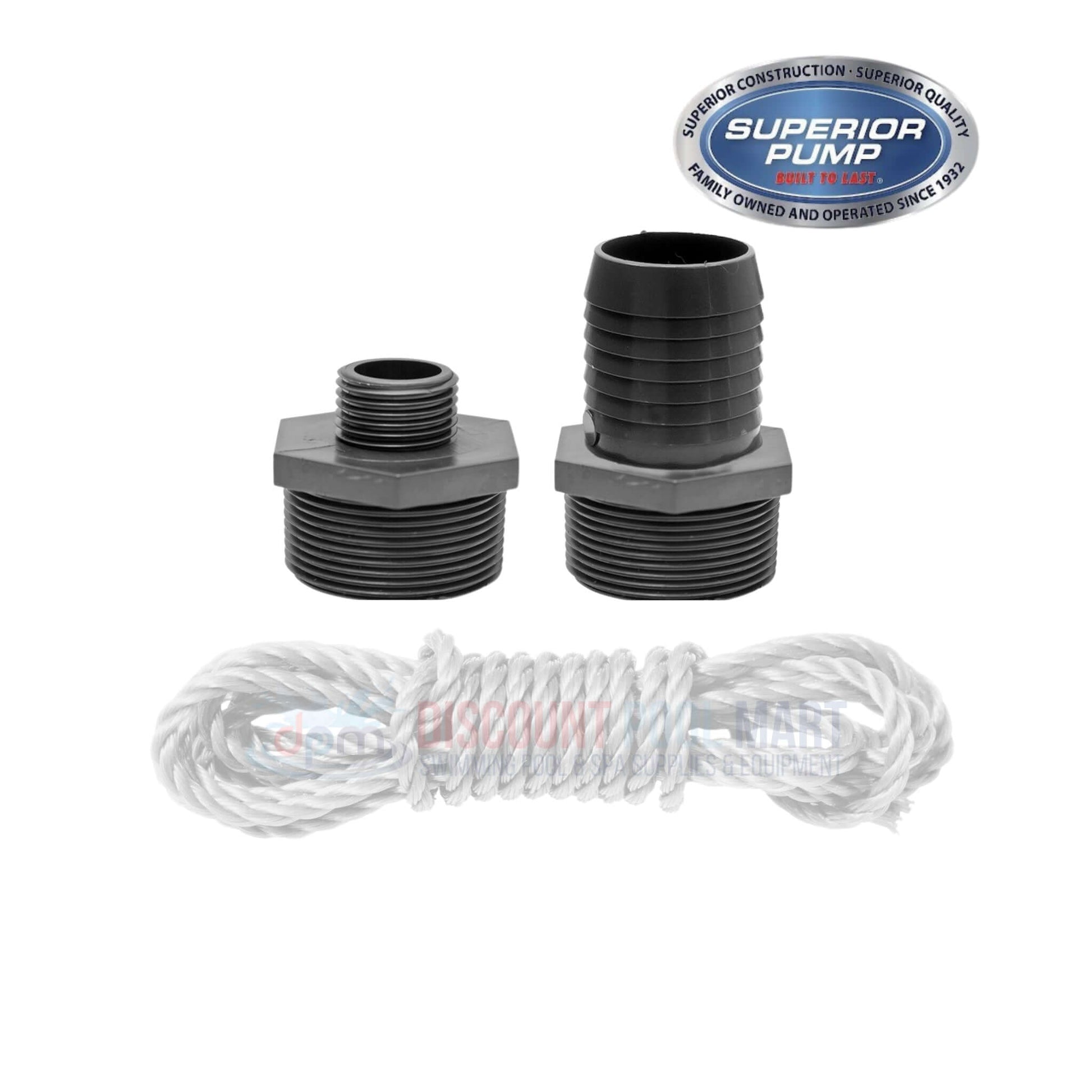 Superior Pump 92789 sump pump accessories: two adapters and a rope, ideal for DPM pool supplies and swimming pool parts.