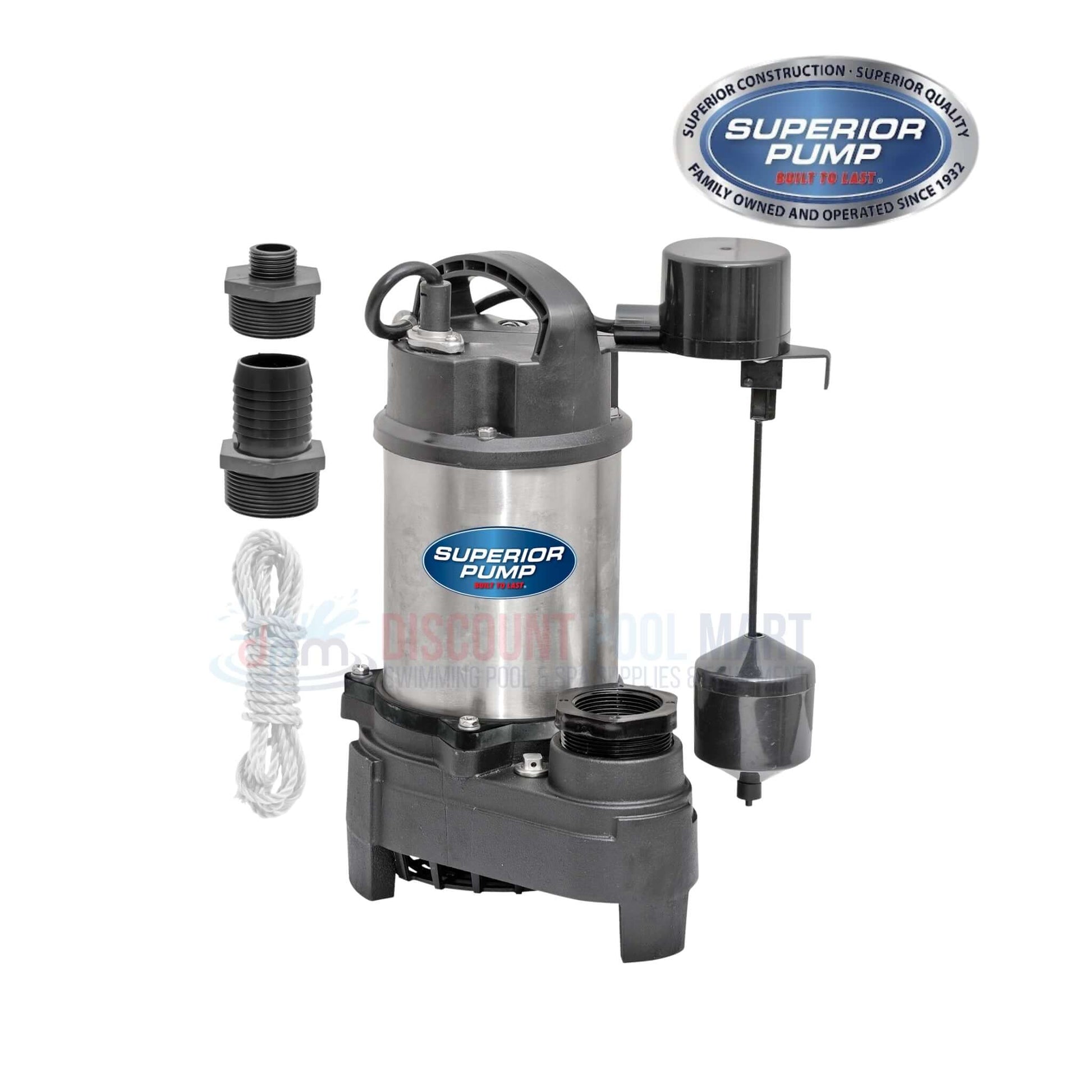 Superior Pump 92789 3/4 HP submersible sump pump from Discount Pool Mart with stainless steel build and adapters.