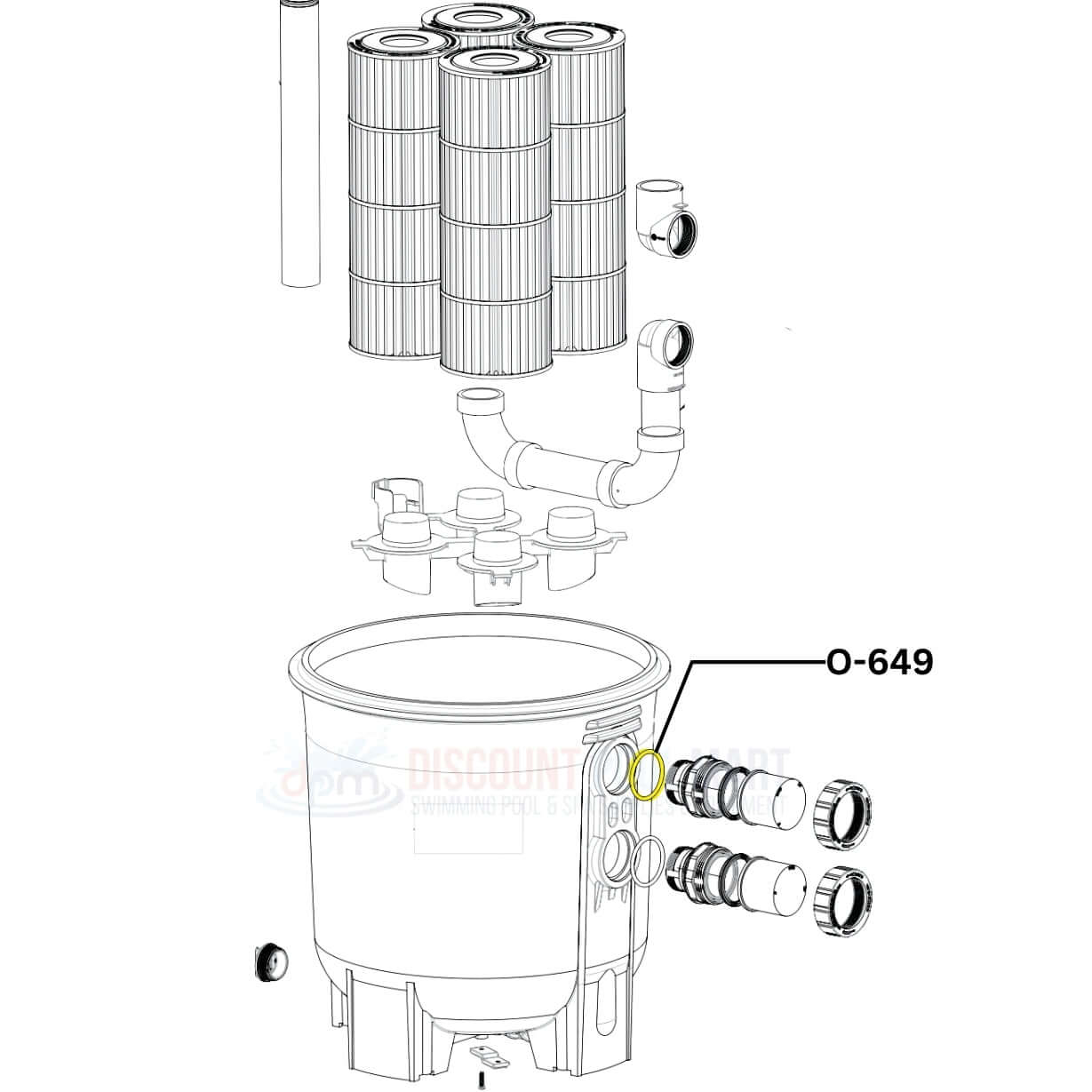 Diagram of Hayward O-649 filter components, including ProGrid filters and O-Ring by Discount Pool Mart DPM.