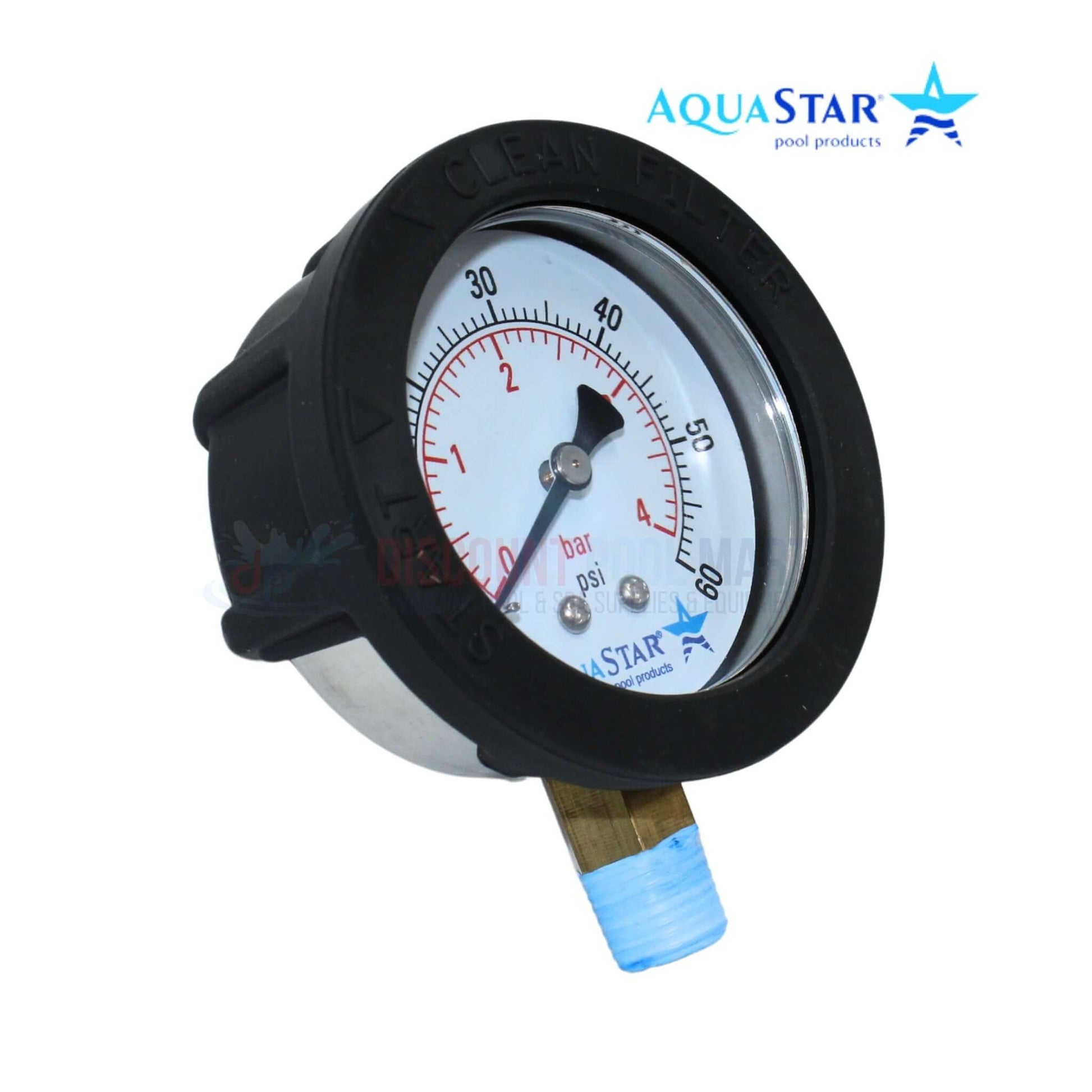 Aquastar Pressure Gauge for PLF27000, PLF35000 filters by Discount Pool Mart DPM, adjustable boot for pressure monitoring.