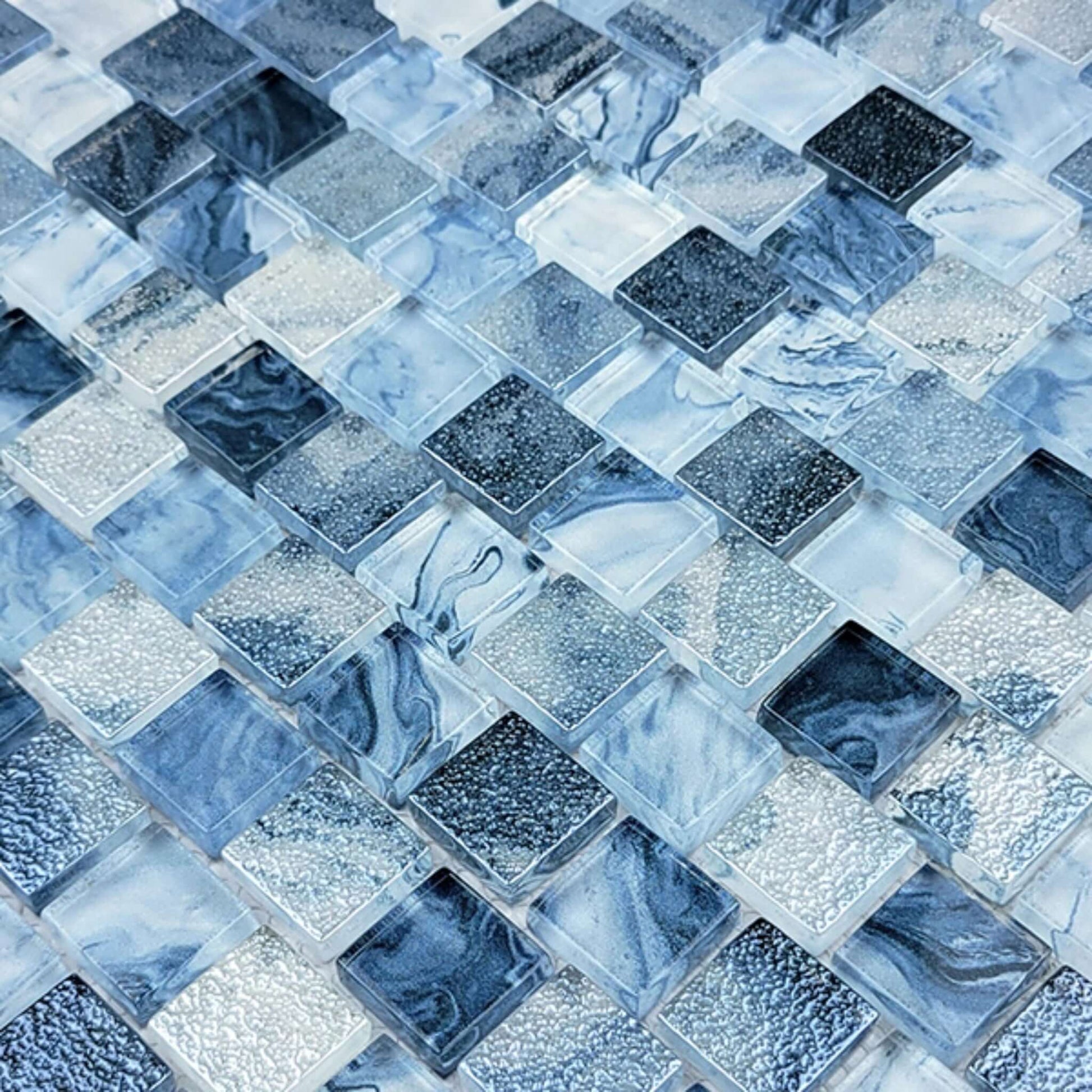 Artistry in Mosaics 1x1 Glass Tiles in blue and gray tones, perfect for elegant designs | SS82323B2 | Discount Pool Mart DPM.