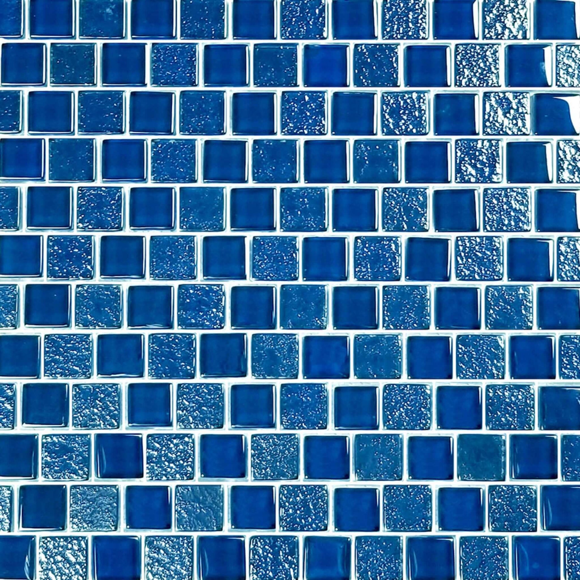Artistry in Mosaics 1x1 Blue Glass Tiles by Discount Pool Mart, 1 sq ft, SS82323B1, vibrant modern mesh-mounted design.