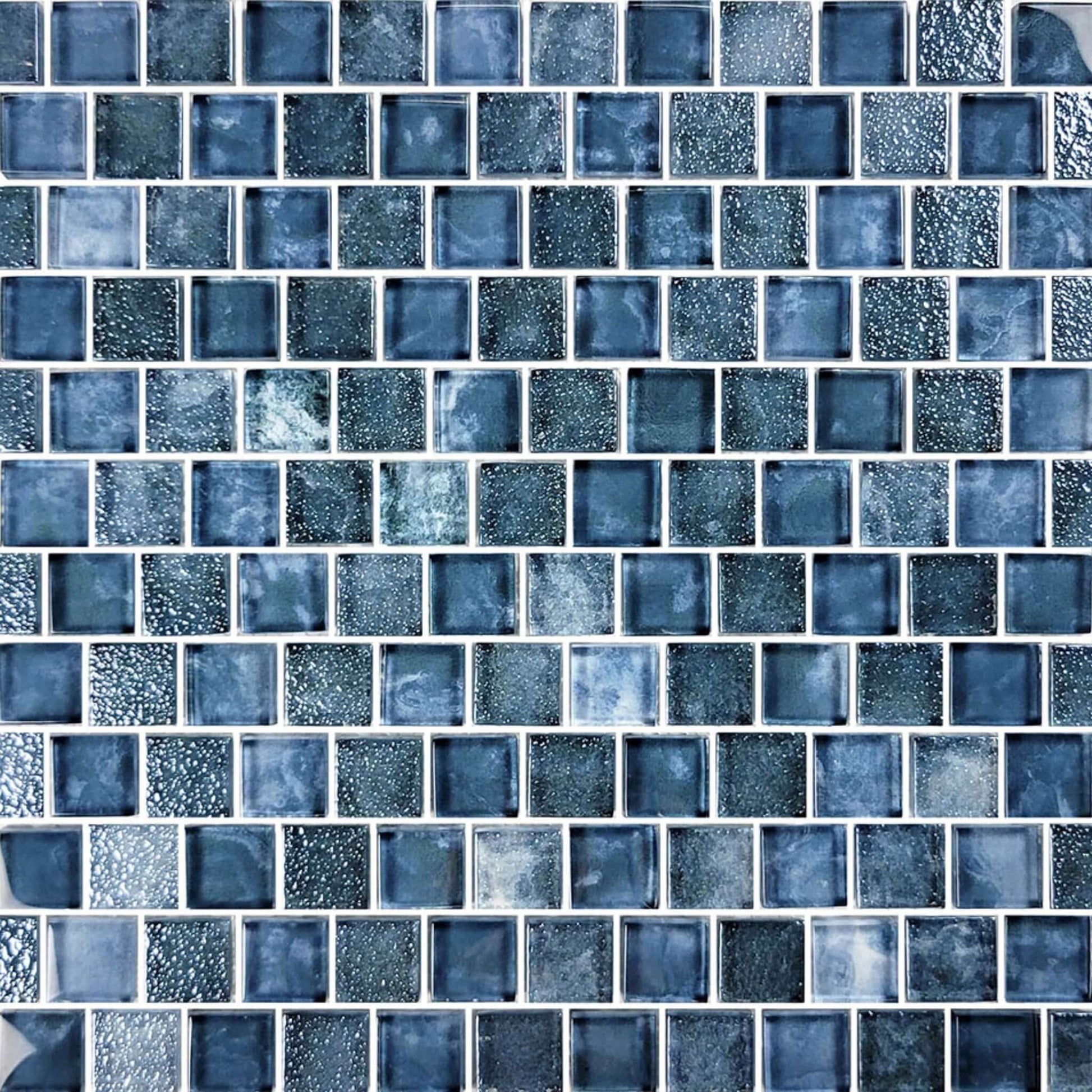 Artistry in Mosaics Gunmetal Blue Glass Tiles 1x1" SS82323B8 by Discount Pool Mart DPM - 1 sq ft, mesh-mounted.