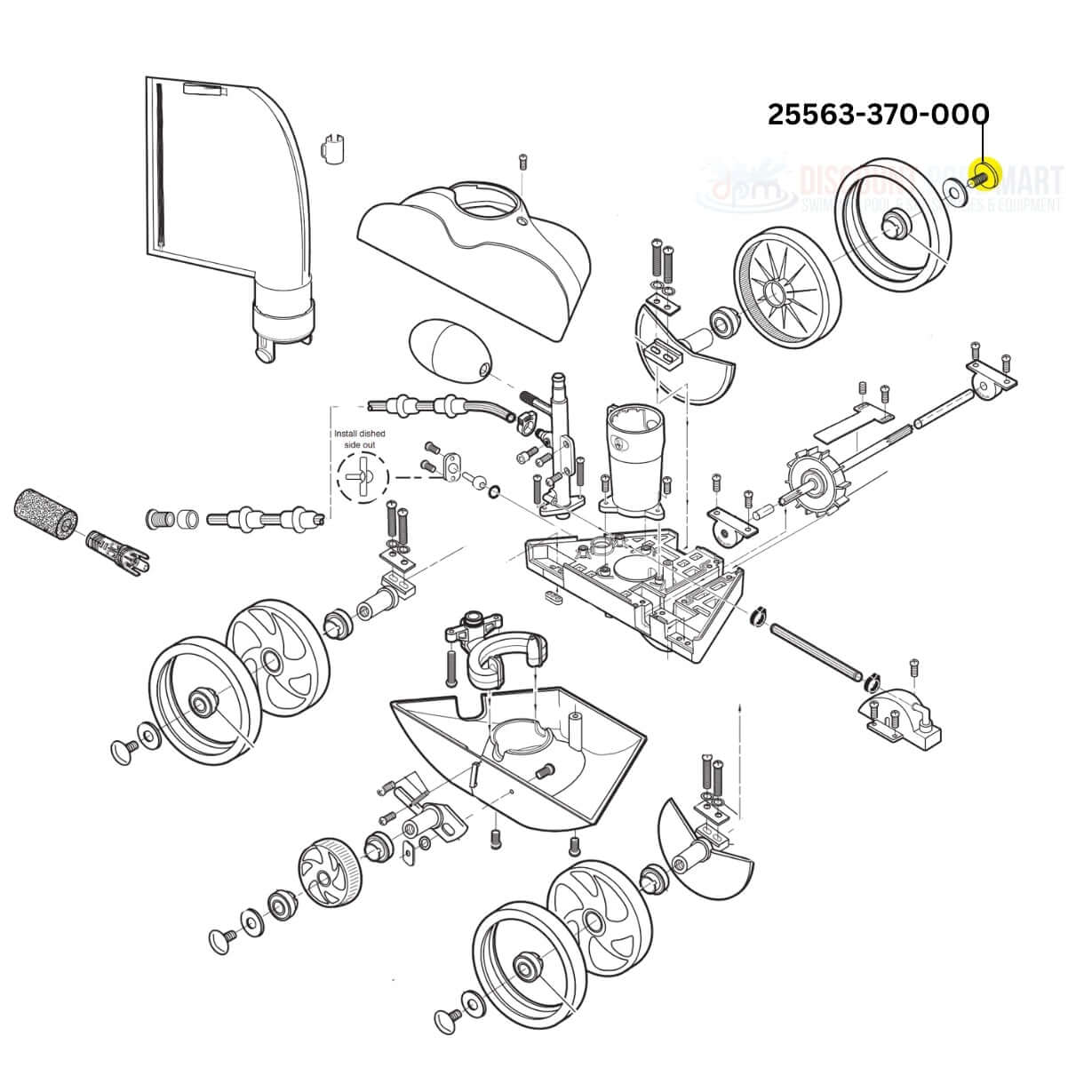 Exploded view diagram of CMP Wheel Screw 25563-370-000 for Polaris Vac-Sweep 180 and 280 at Discount Pool Mart DPM.