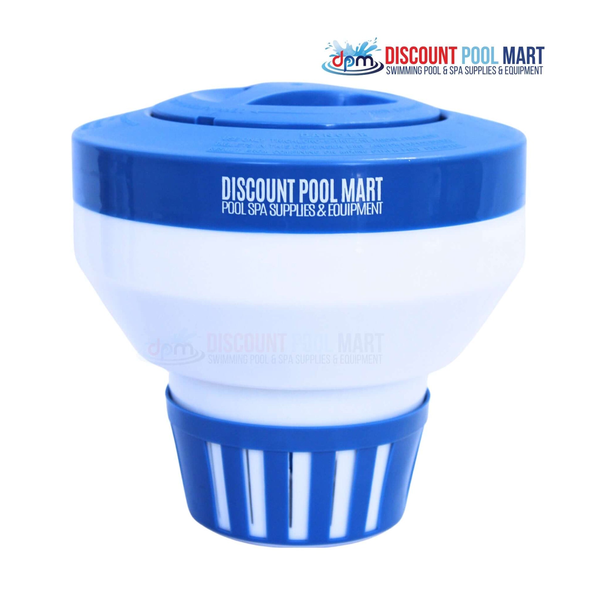DPM 3" Tablet Floater in blue and white, Model CL330DPM, designed for pool sanitizer, from Discount Pool Mart.