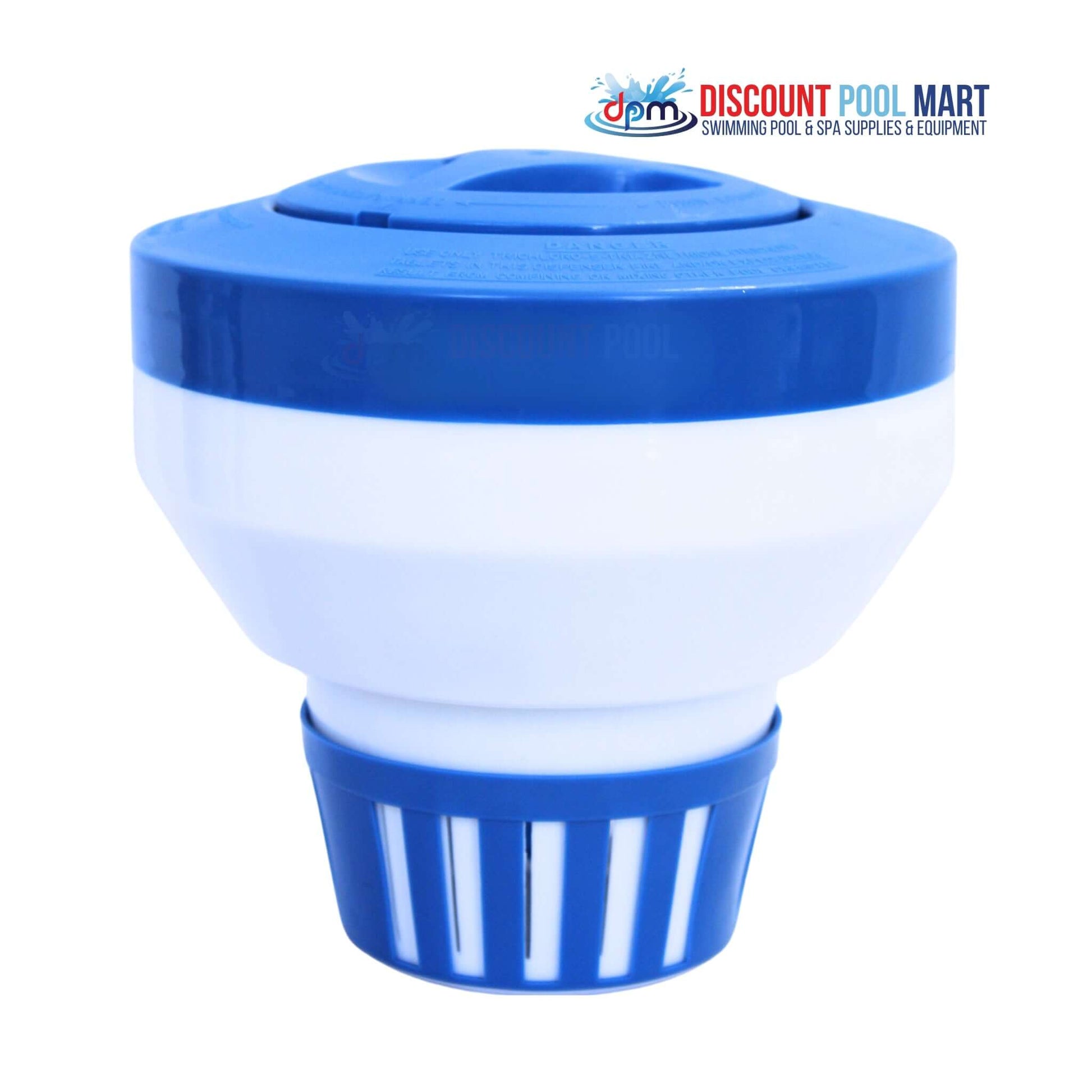 DPM 3" Tablet Floater in blue and white, Model CL330DPM, ideal for pool and spa sanitization with adjustable vent, from Discount Pool Mart.