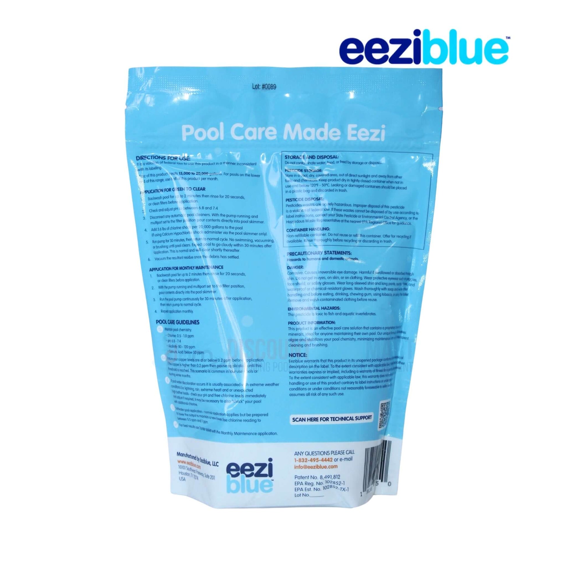 Eeziblue Monthly Algaecide & Water Clarifier back packaging, Pool Care Made Eazi, by Discount Pool Mart DPM, 21oz.
