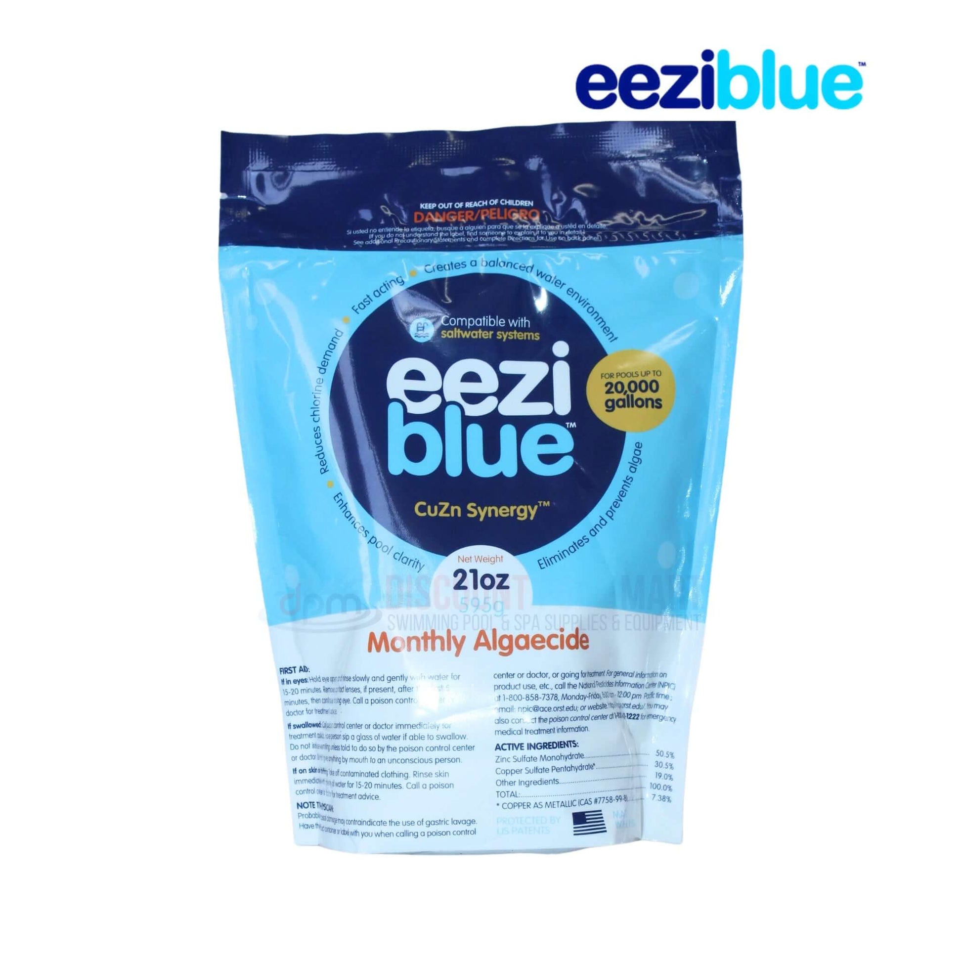 Eeziblue Monthly Algaecide 21oz EB-MA-21OZ from Discount Pool Mart DPM, controls algae, clarifies water for pools.