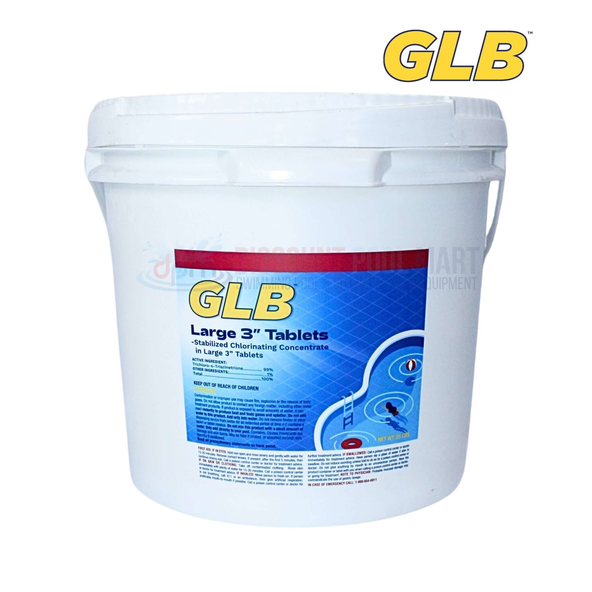 GLB Large 3" Chlorine Tablets 71234A, 25 lbs bucket from Discount Pool Mart DPM for pool sanitation.