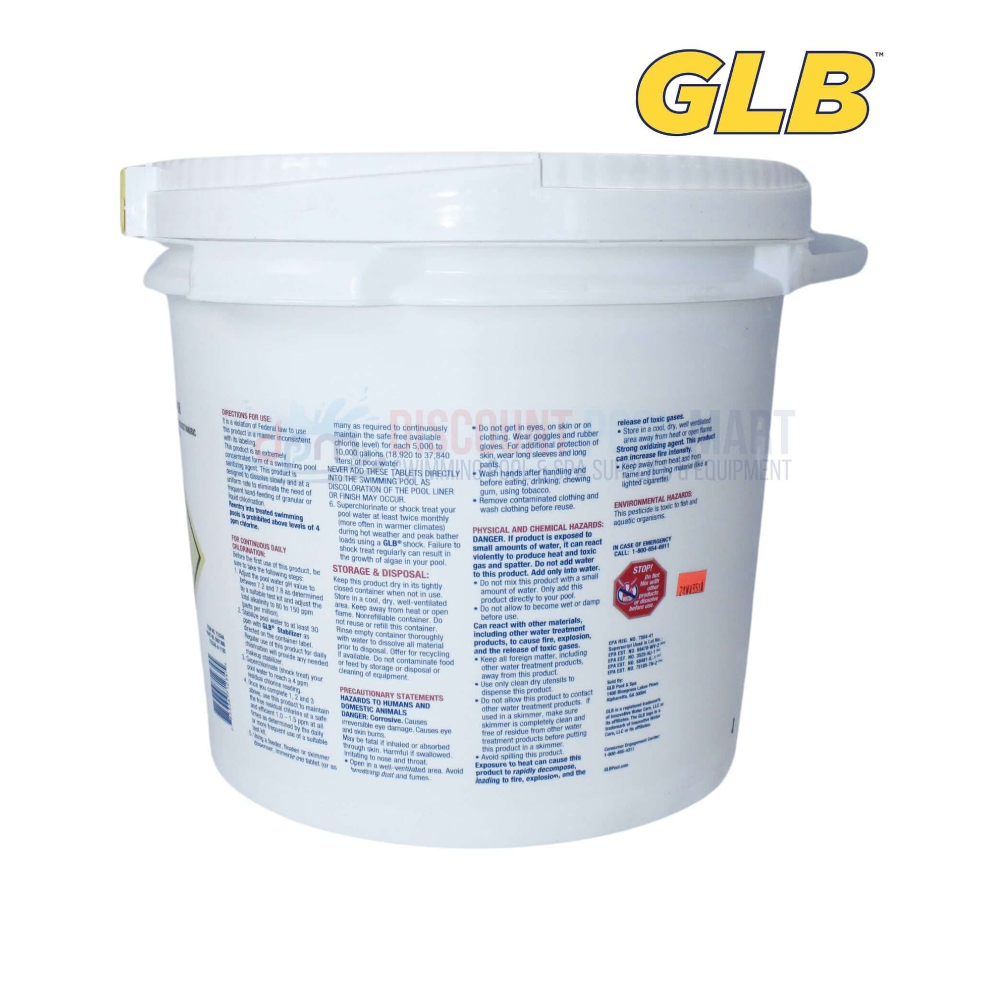 GLB Large Chlorine Tablets 3" in 25 lb bucket, available at Discount Pool Mart DPM for effective pool sanitation.