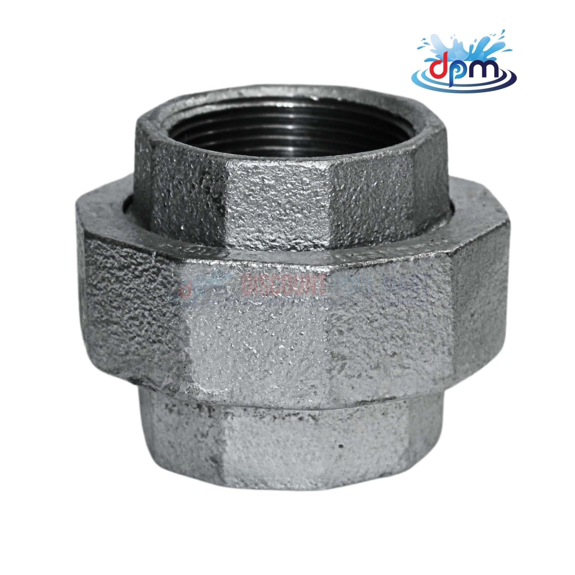 Galvanized Malleable Union 1.5" from Discount Pool Mart DPM, strong and corrosion-resistant for plumbing systems.