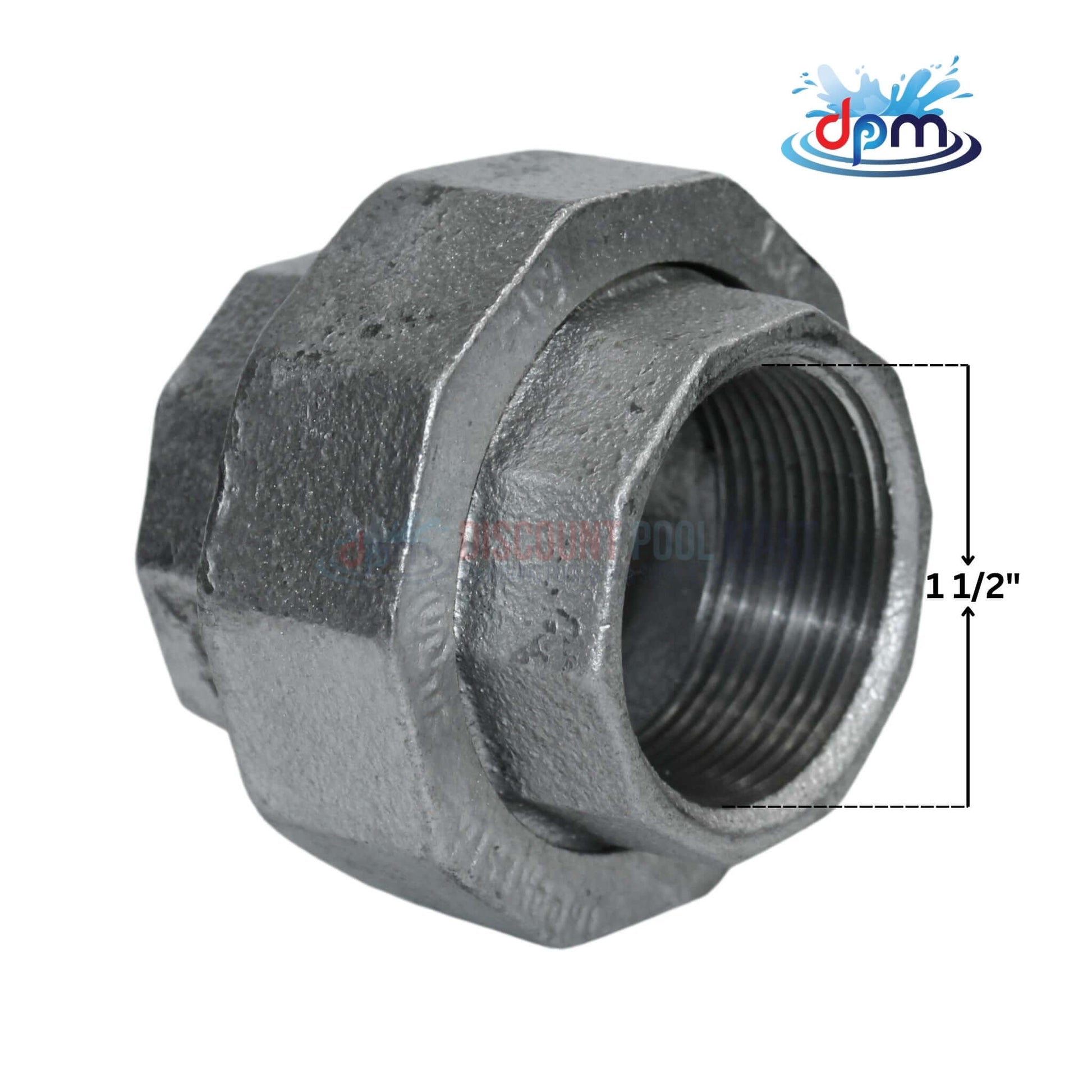 Galvanized Malleable Union fitting 1.5 inch from Discount Pool Mart DPM for reliable plumbing and gas connections.