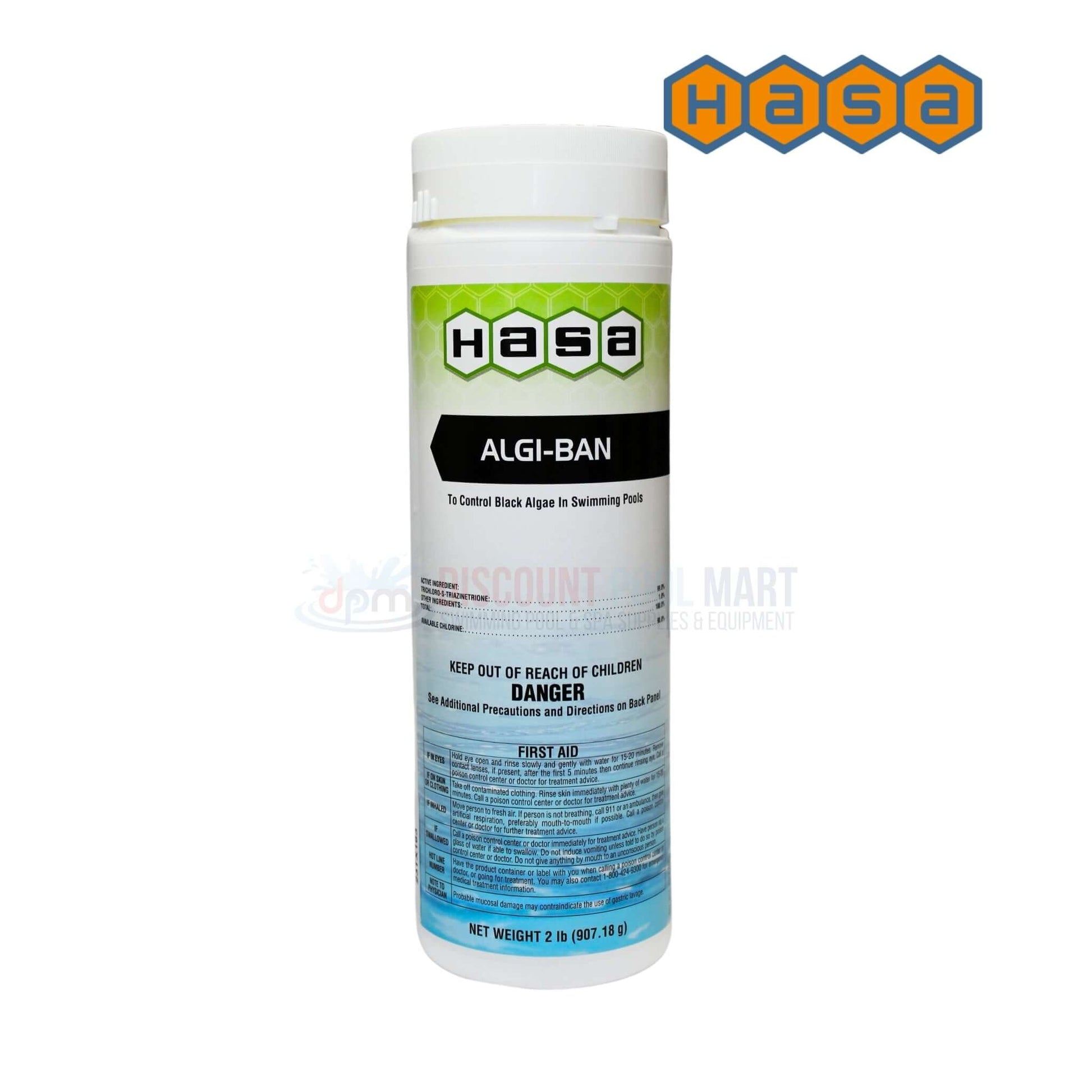 Hasa Algi-Ban Algaecide for black algae treatment, 2lbs. Available at Discount Pool Mart DPM for effective pool maintenance.
