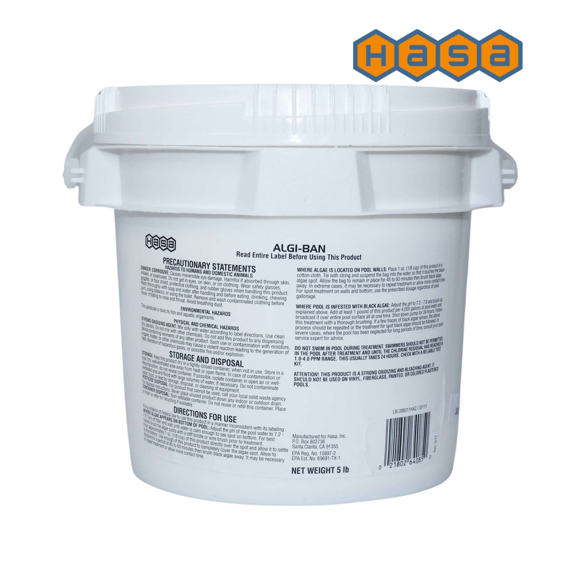 Hasa Algi-Ban Granular Trichlor 5 lbs for black algae treatment, SKU 64085, from Discount Pool Mart DPM.