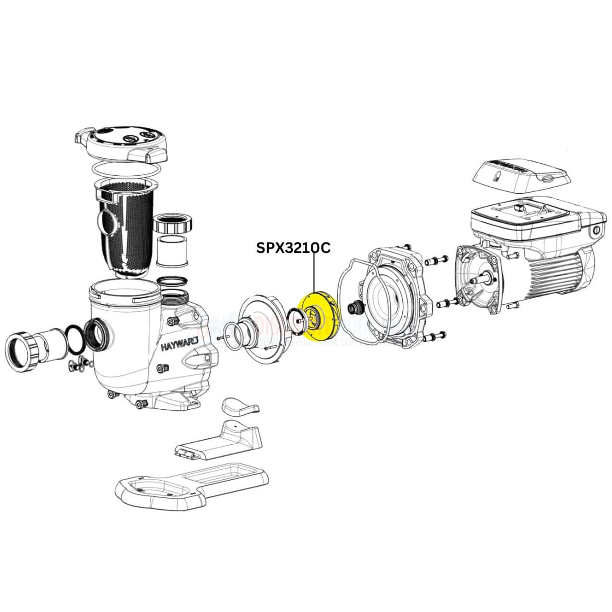 Exploded view of Hayward TriStar pump parts highlighting SPX3210C impeller for 1HP models at Discount Pool Mart DPM.