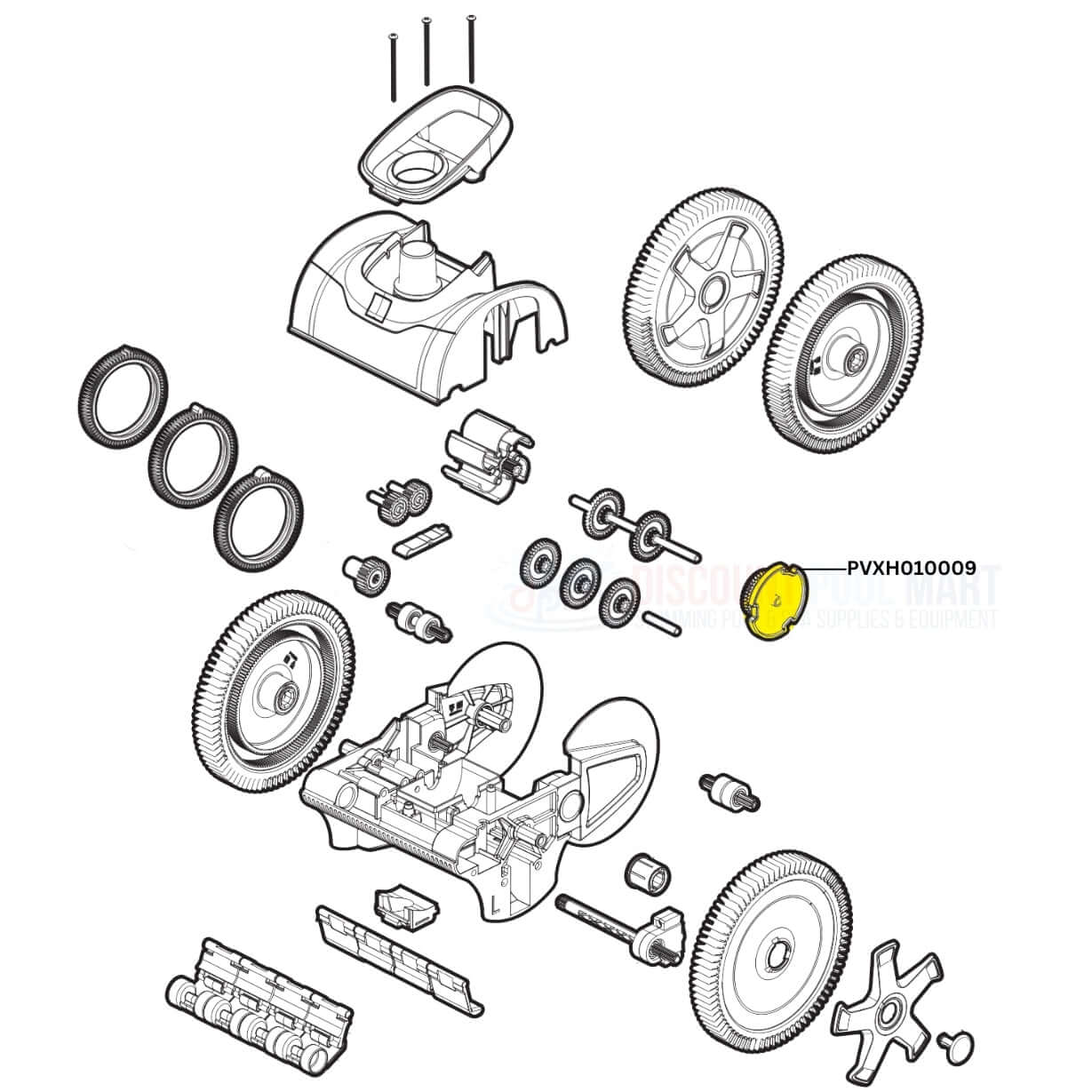 Exploded view of Hayward AquaNaut 4 Wheel Cleaner Steering Cam PVXH010009 parts for Discount Pool Mart DPM.