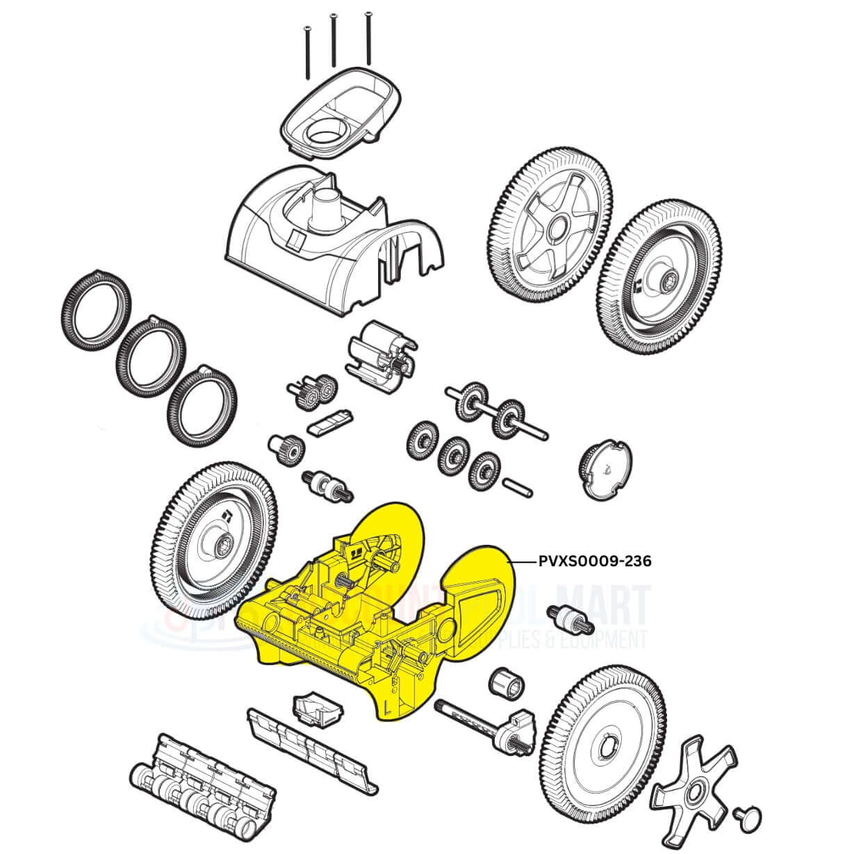 Hayward AquaNaut 4 Wheel Lower Body parts diagram, PVXS0009-236, from Discount Pool Mart DPM, showcasing key components.