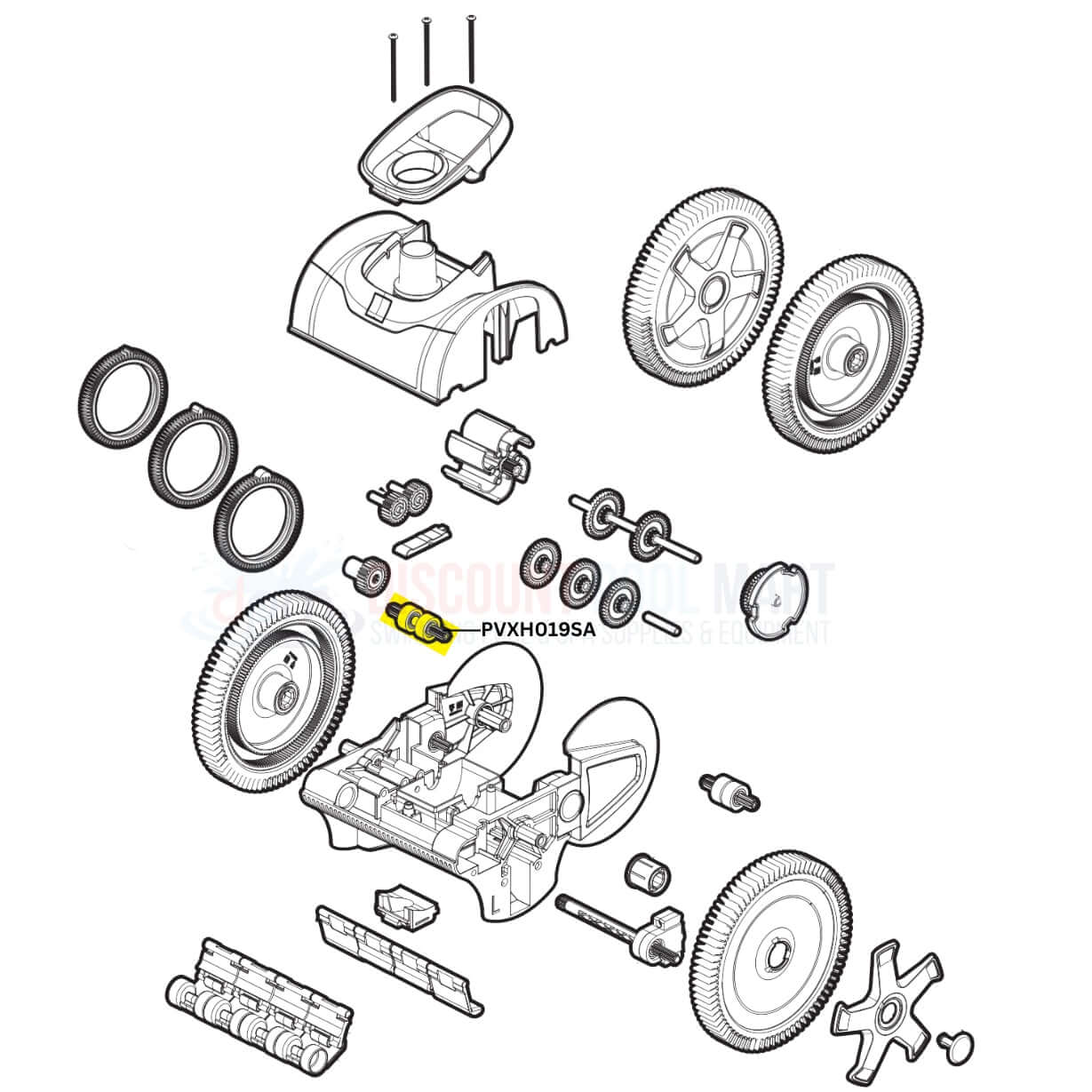 Hayward AquaNaut front right gear drive assembly parts diagram, including shaft bearing, PVXH019SA from Discount Pool Mart DPM.