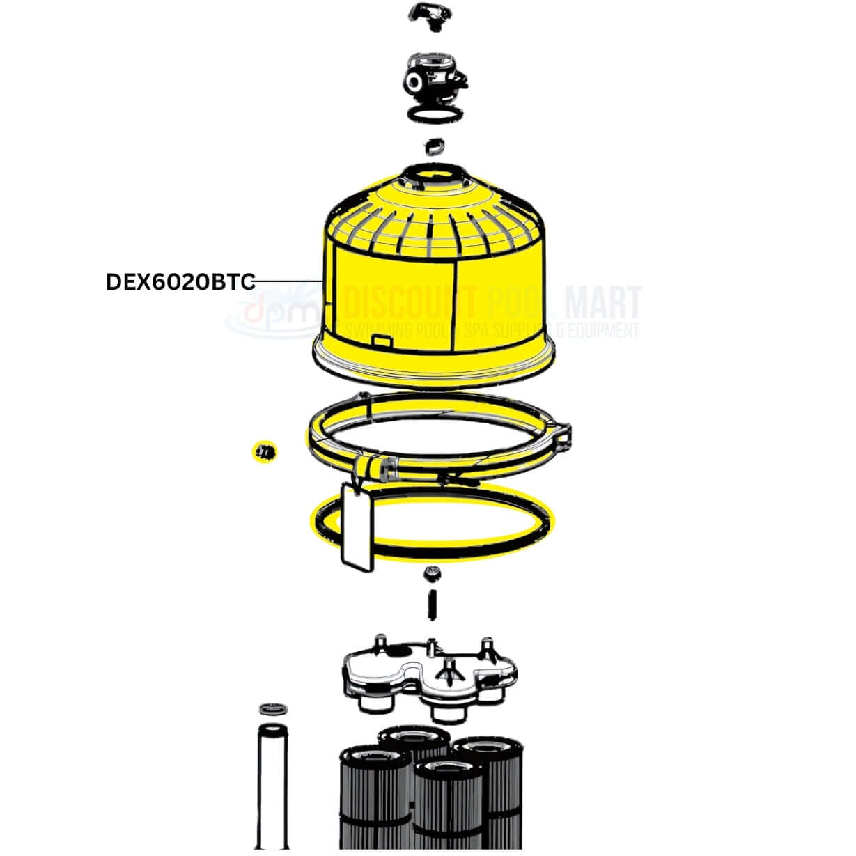 Exploded view of Hayward Filter Head DEX6020BTC with clamp system, available at Discount Pool Mart DPM.