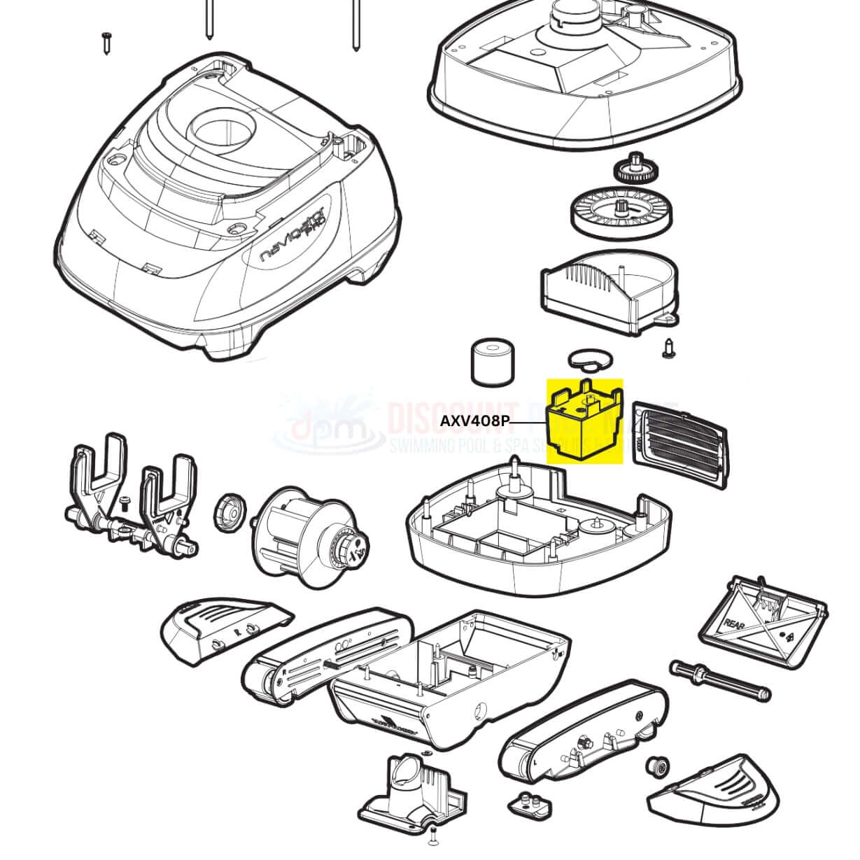 Exploded view of Hayward Gear Box Assembly AXV408P for Navigator Pro Pool Vac Cleaners at Discount Pool Mart DPM.