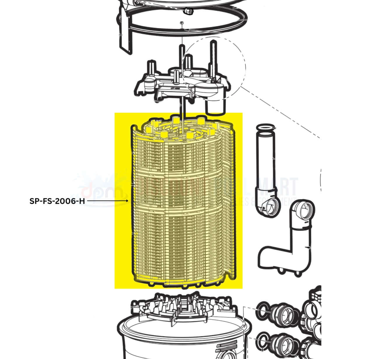 Diagram of Hayward Pro-Grid DE Filter with SP-FS-2006-H replacement grid by Discount Pool Mart DPM.