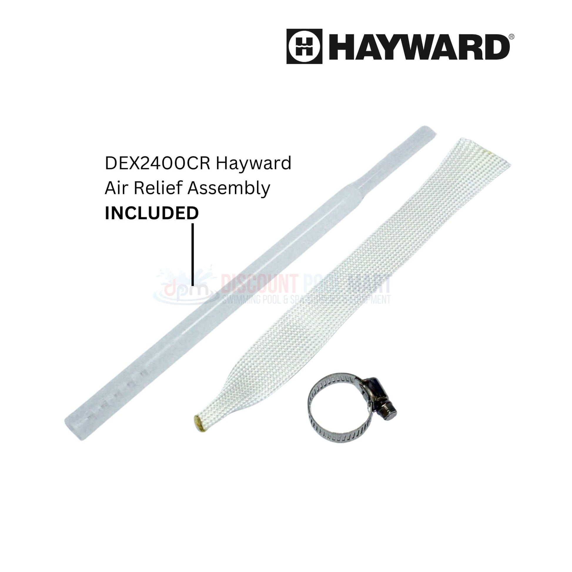 Hayward DEX2400CR Air Relief Assembly included parts: flexible tube, mesh filter, hose clamp, from Discount Pool Mart DPM.