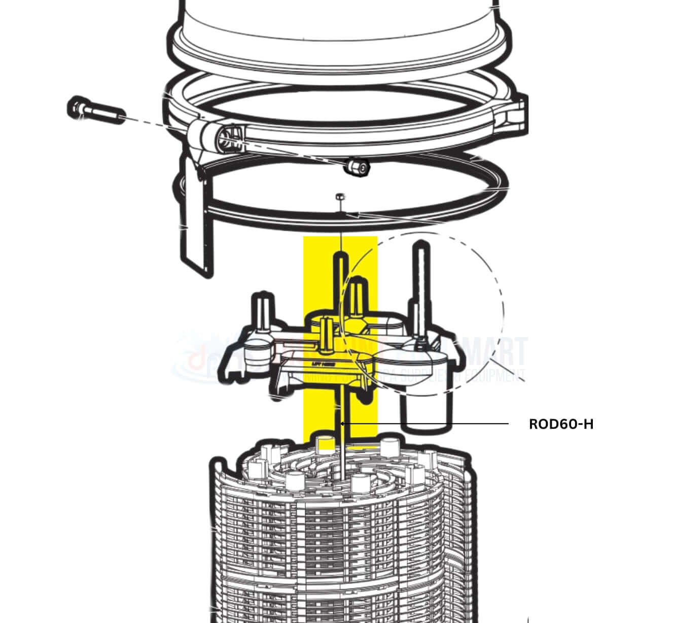 Hayward ProGrid Filter Rod Assembly diagram, showing 60 sq. ft Filter Tie Rod ROD60-H, available at Discount Pool Mart DPM.