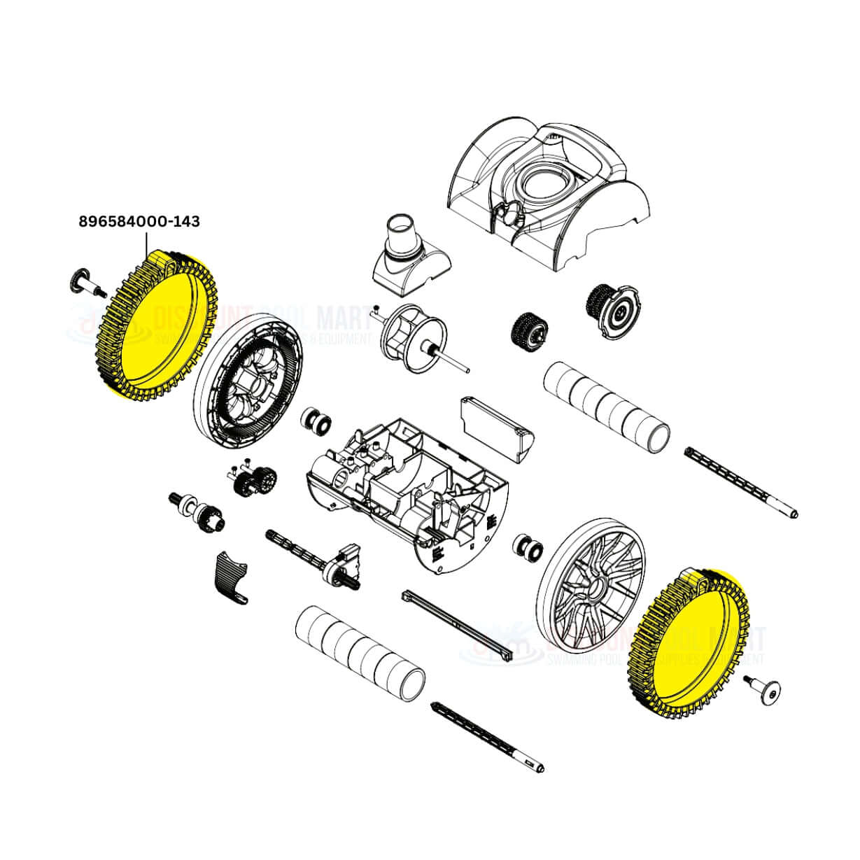 Exploded view of Hayward 896584000-143 replacement parts including tires and components for Poolvergnuegen Aquanaut by DPM.
