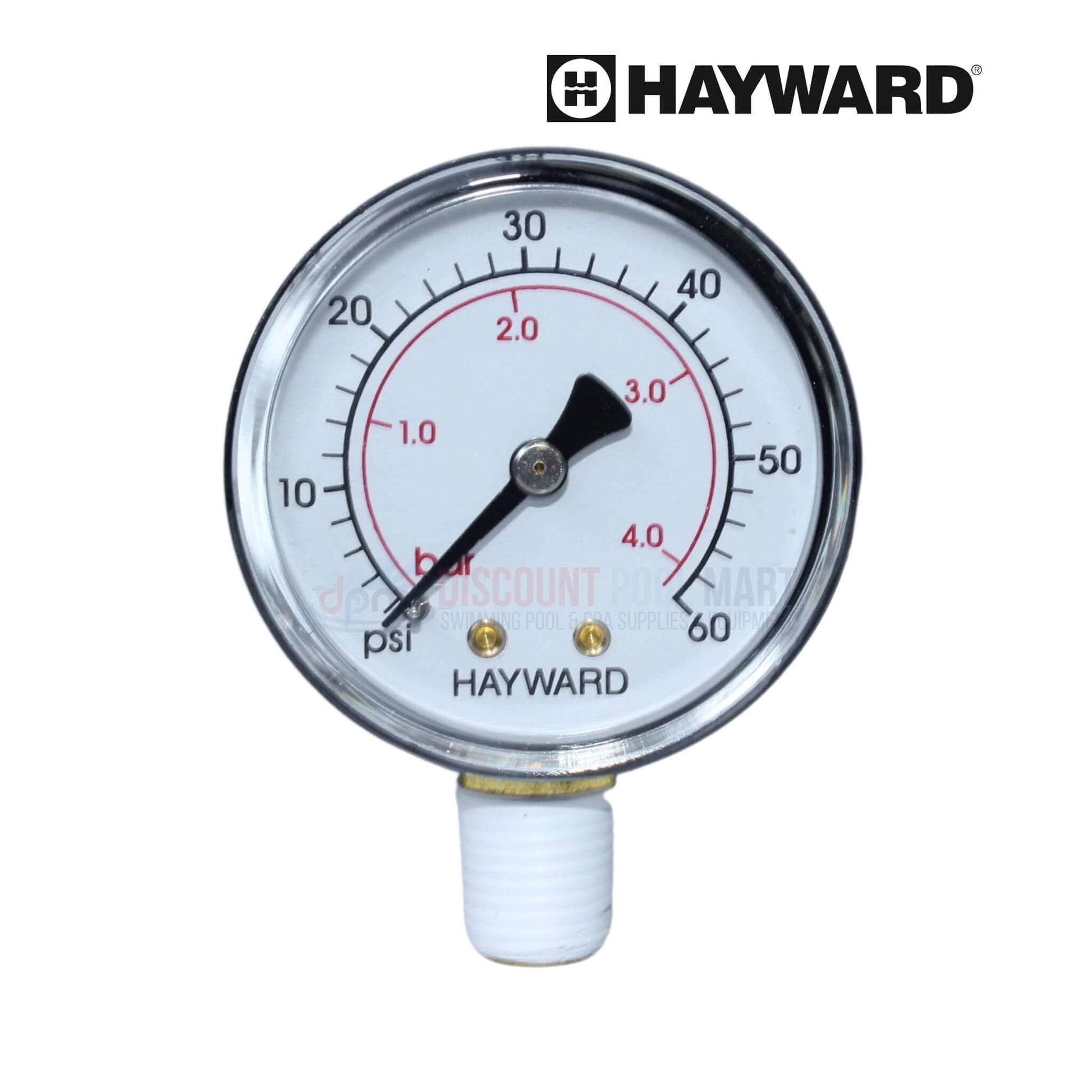 Hayward pressure gauge for pool maintenance from Discount Pool Mart DPM, displaying PSI readings up to 60.