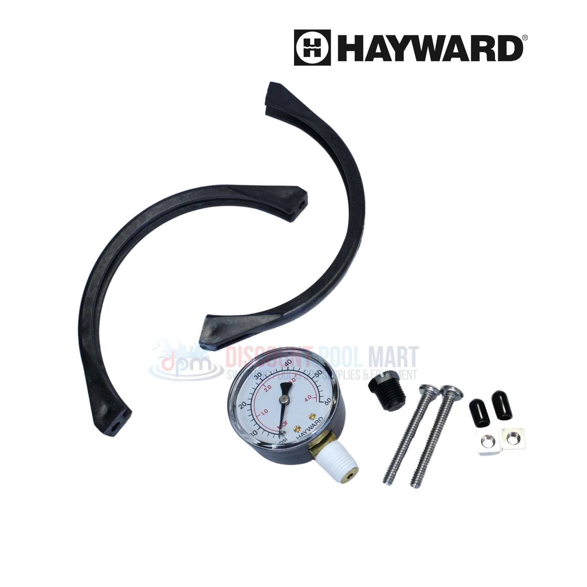 Hayward pool valve parts including gauge, clamps, screws from Discount Pool Mart DPM for easy filtration maintenance.