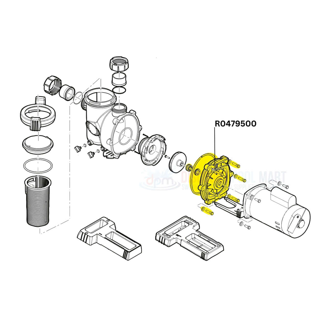 Exploded diagram of Jandy Backplate Kit R0479500 for FloPro Pumps at Discount Pool Mart DPM.