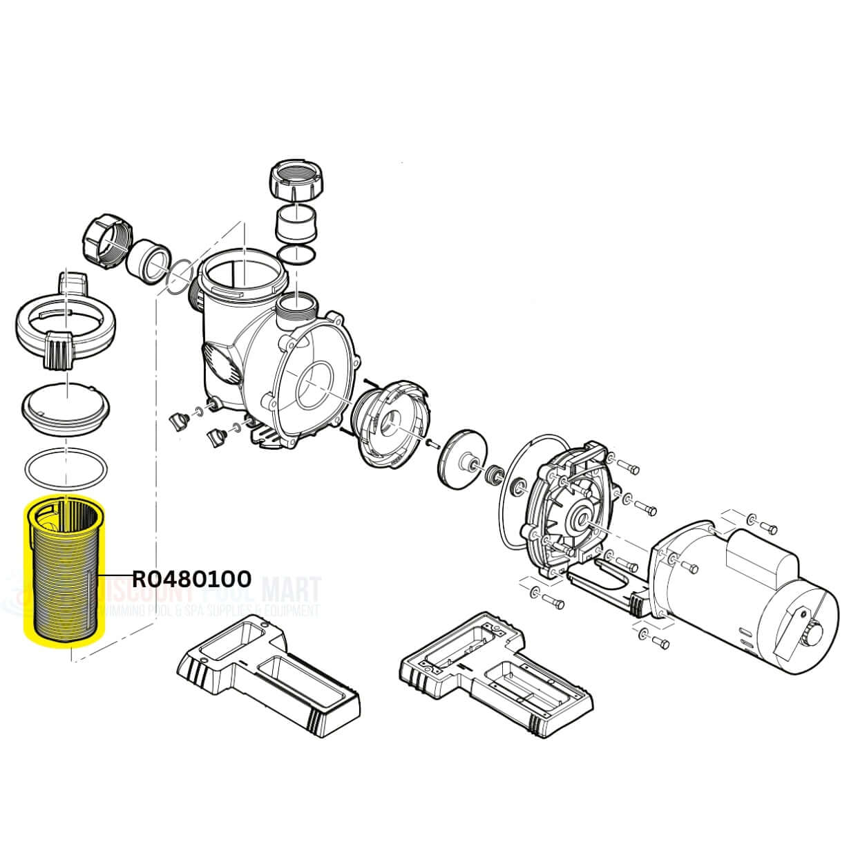 Exploded view of Jandy FloPro Pump R0480100 with OEM Basket from Discount Pool Mart DPM for effective debris collection.