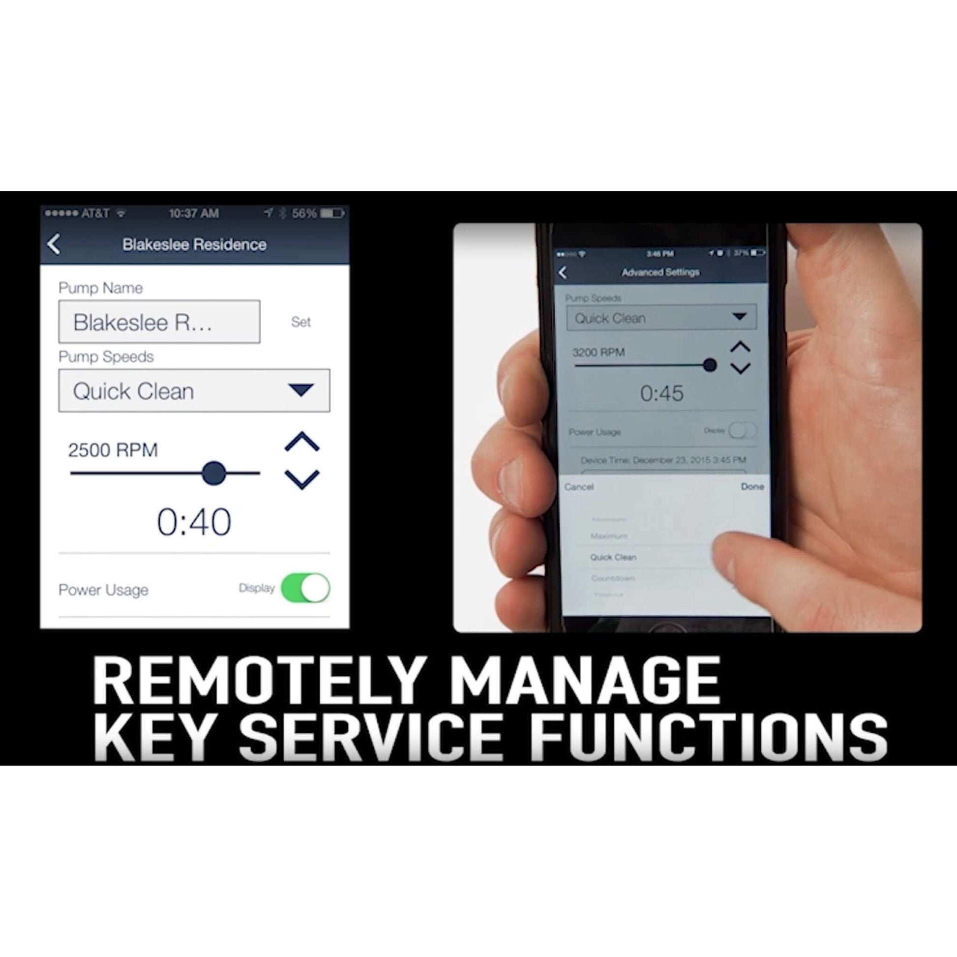 User controlling Jandy IQPUMP01 Pool Pump Automation from smartphone with settings full view, ideal for Discount Pool Mart pool supplies.