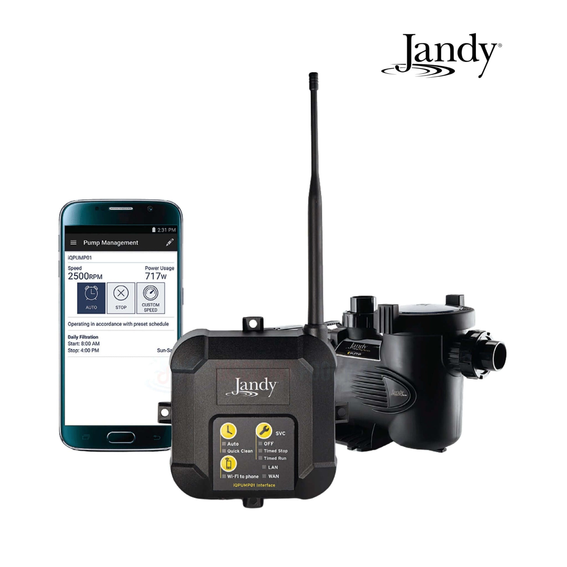 Jandy IQPUMP01 Pool Pump Automation System with mobile app control, showing pump controller and smartphone interface.