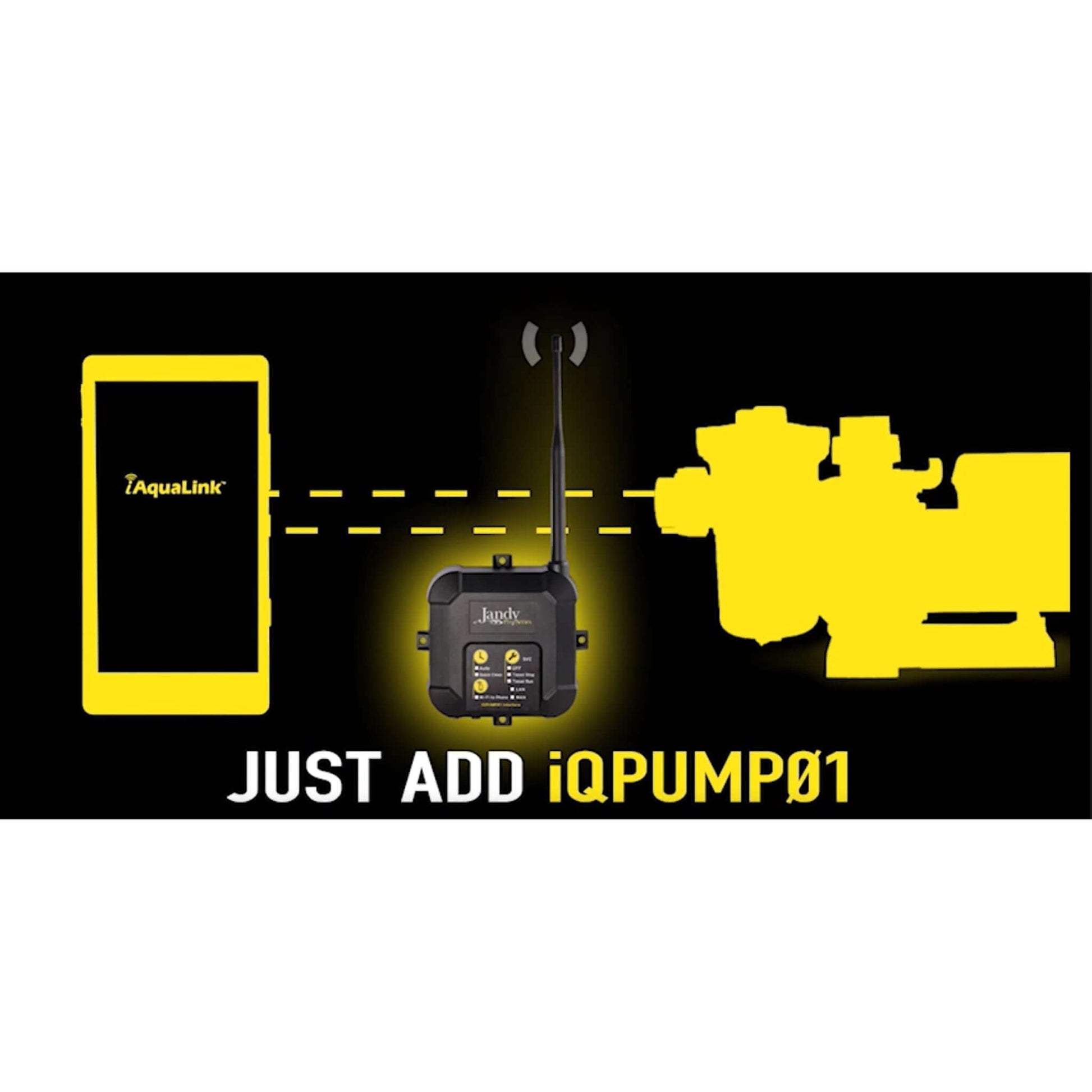 Jandy IQPUMP01 Pool Pump Automation System image showing mobile device connecting via Wi-Fi to the pump controller. Discount Pool Mart.