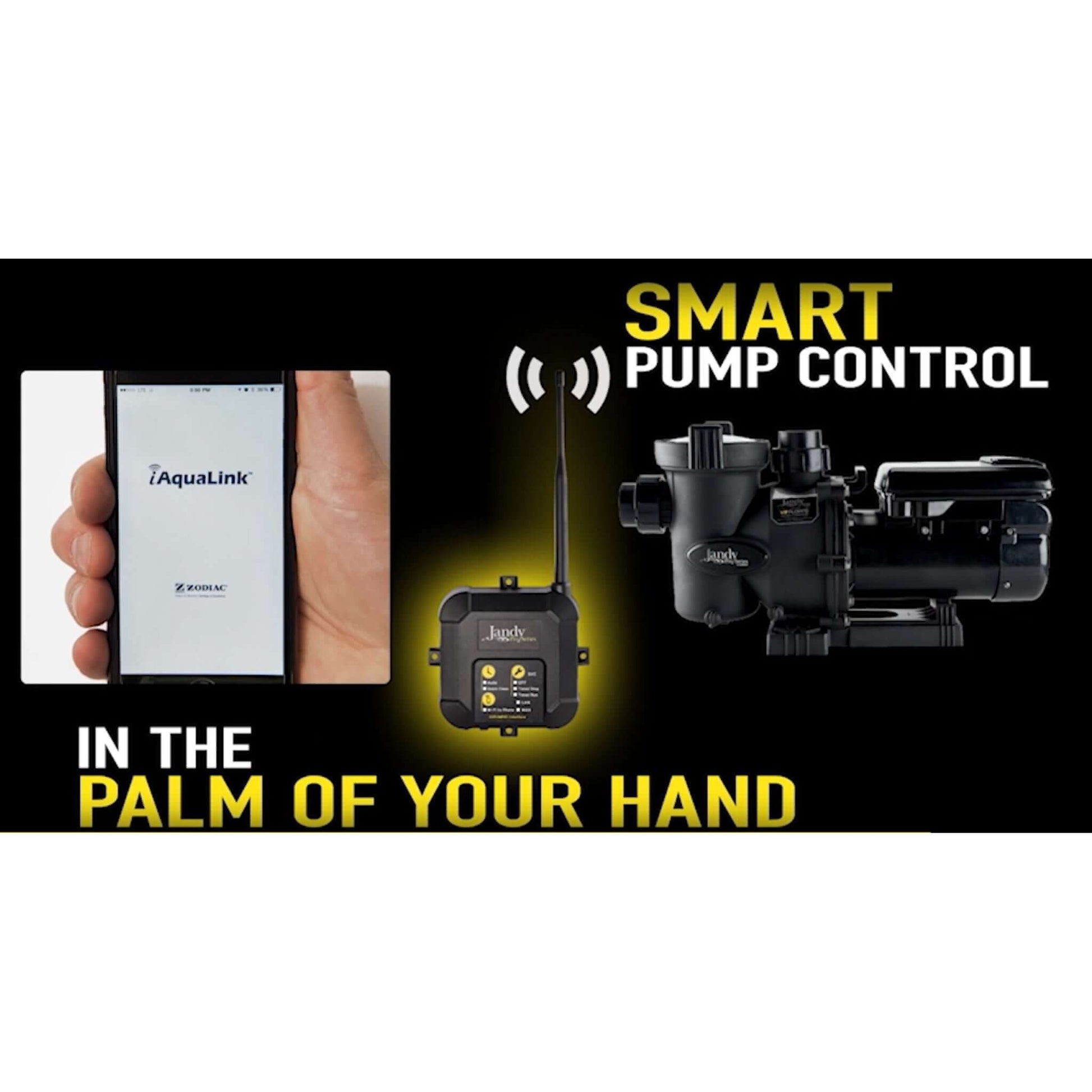 Jandy IQPUMP01 Pool Pump Automation System with mobile control interface and pump, showcasing smart technology by Discount Pool Mart.