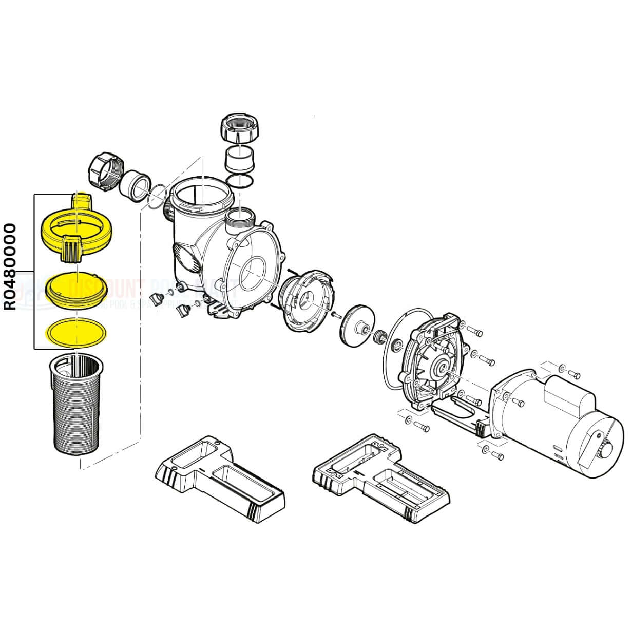 Exploded view of Jandy R0480000 lid with locking ring assembly for FloPro pumps at Discount Pool Mart DPM.