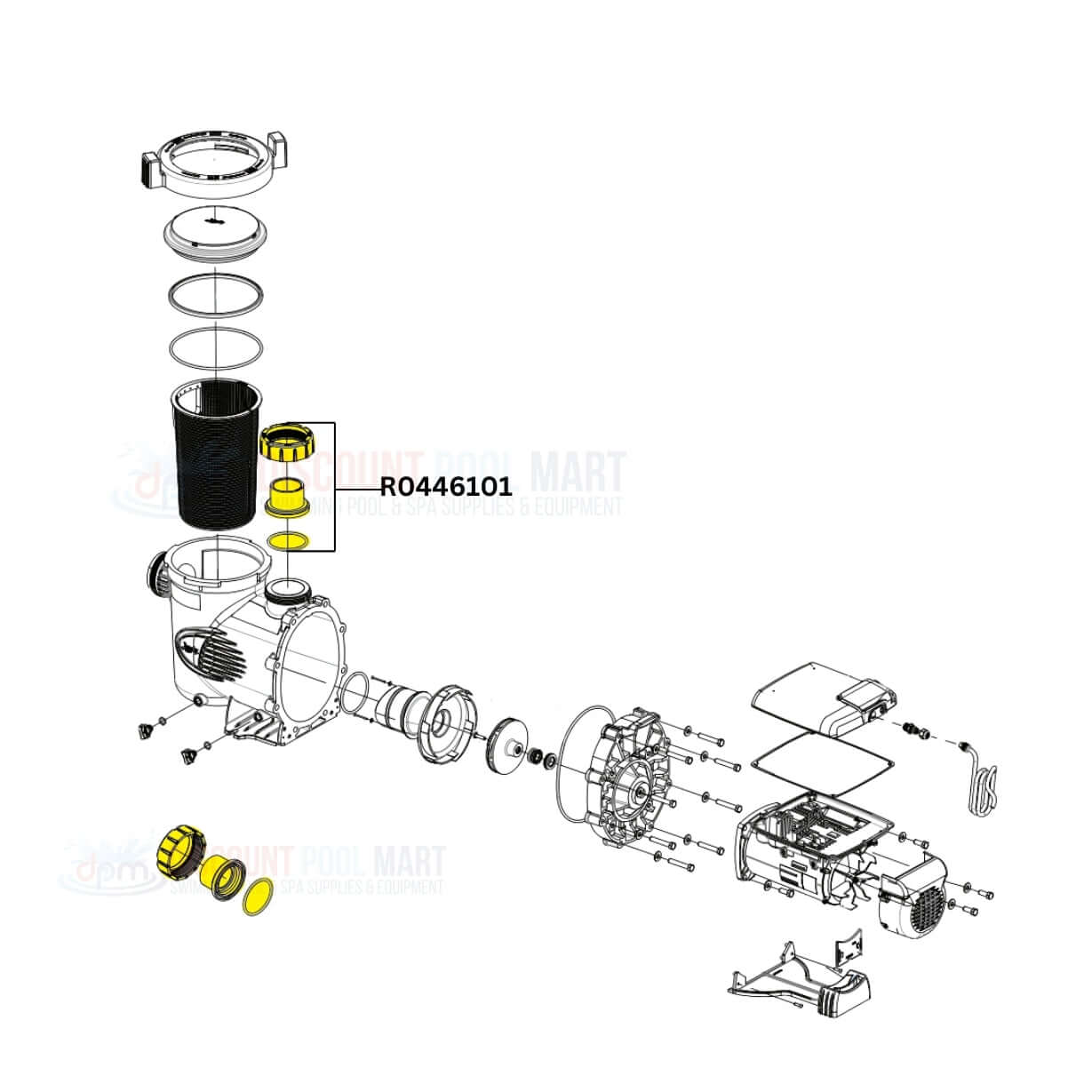 Exploded view of Jandy Union and Tailpiece Kit R0446101 for ePump and Stealth Pumps | Discount Pool Mart DPM