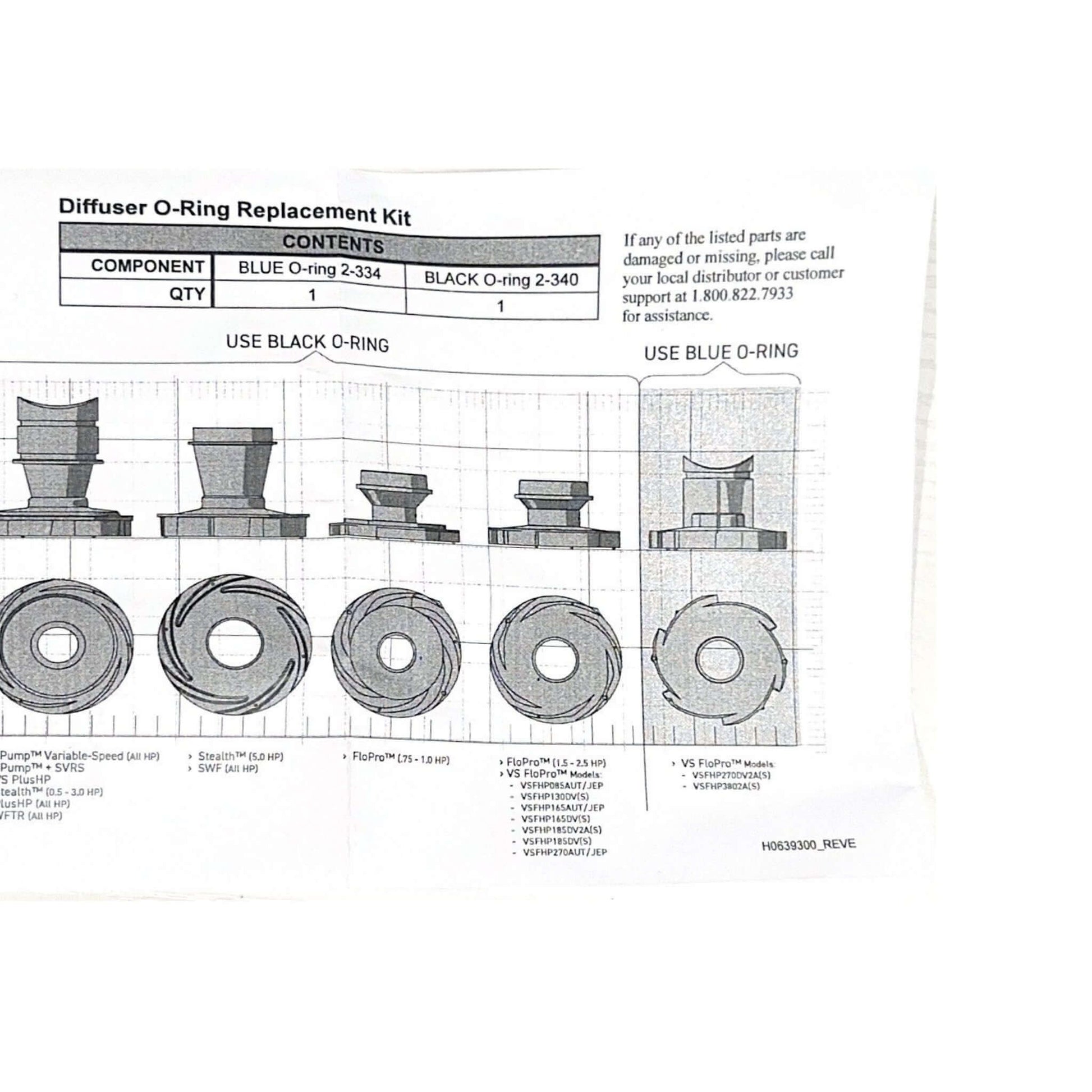 Diffuser O-Ring Replacement Kit contents instructions including blue and black O-rings for pool pump repairs by Discount Pool Mart DPM.