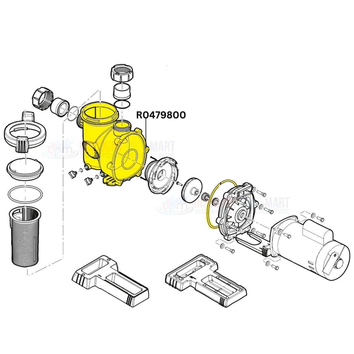 Diagram of Jandy Pump Body R0479800 for FloPro Pumps by Discount Pool Mart DPM, showing assembly parts and components.